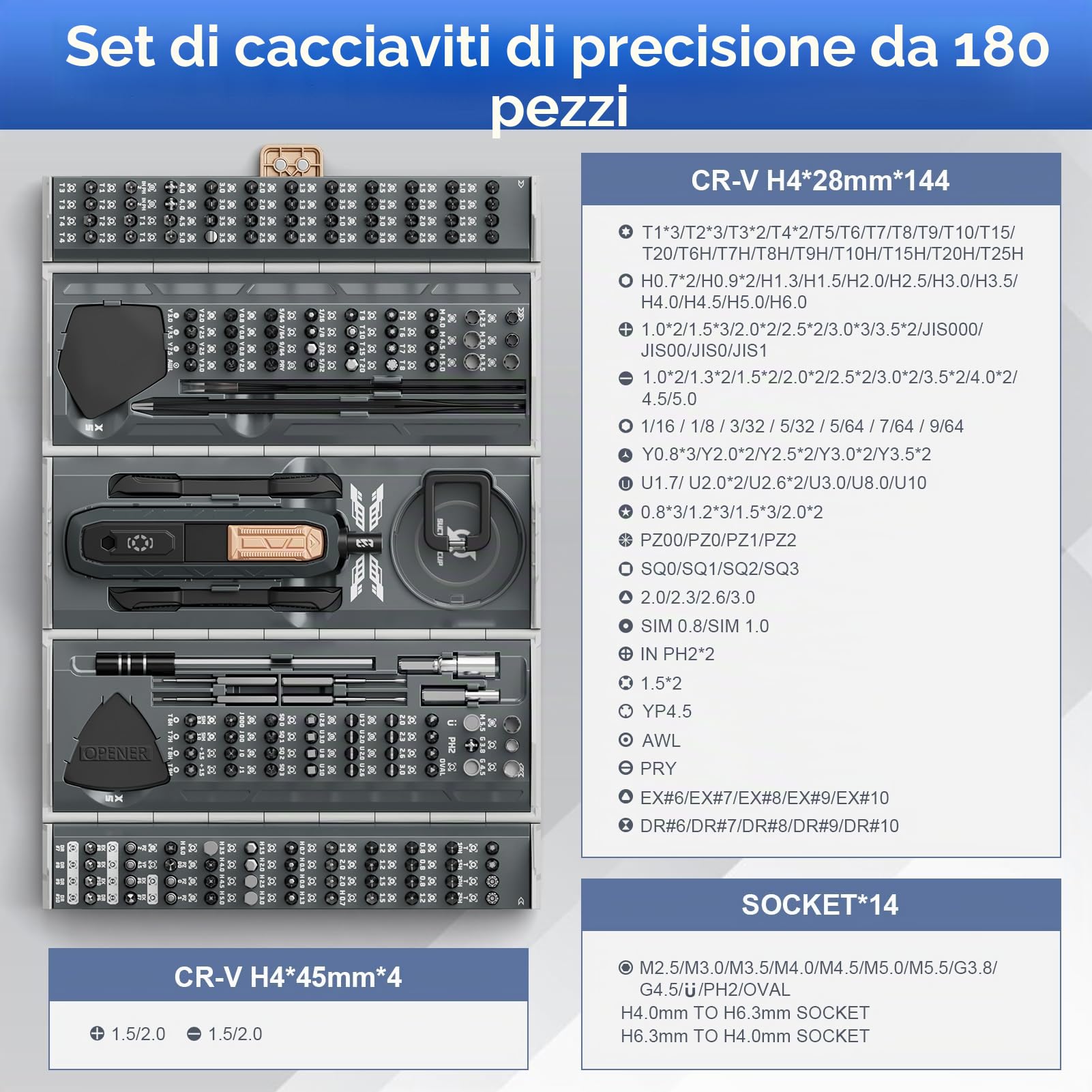 Set di Cacciaviti di Precisione Magnetici in Acciaio, 180 Pezzi, con Custodia e Prolunga, per Riparazione Occhiali