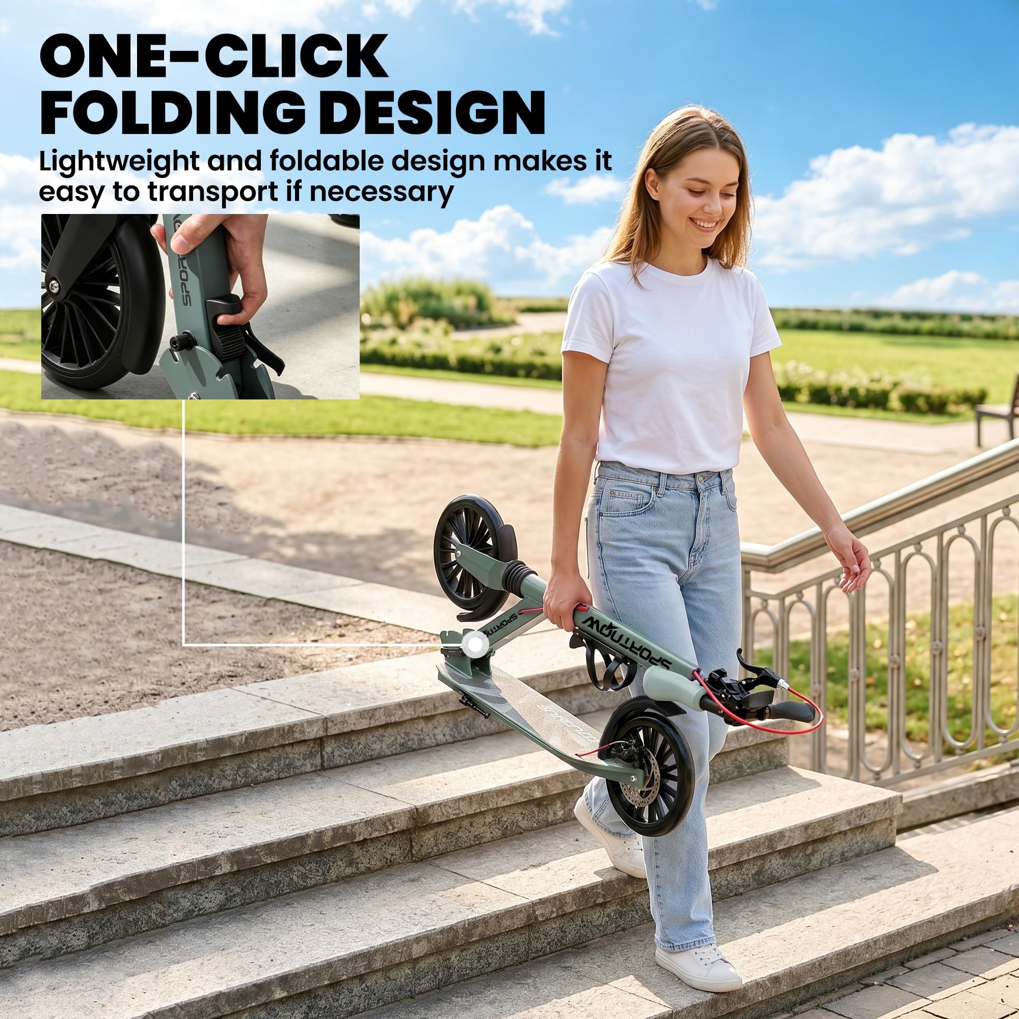 SPORTNOW Patinete plegable con manillar de altura ajustable, scooters plegables con un solo clic para adultos con ruedas grandes de 200 mm, absorción de golpes, rodamientos ABEC-7, sistema de frenos