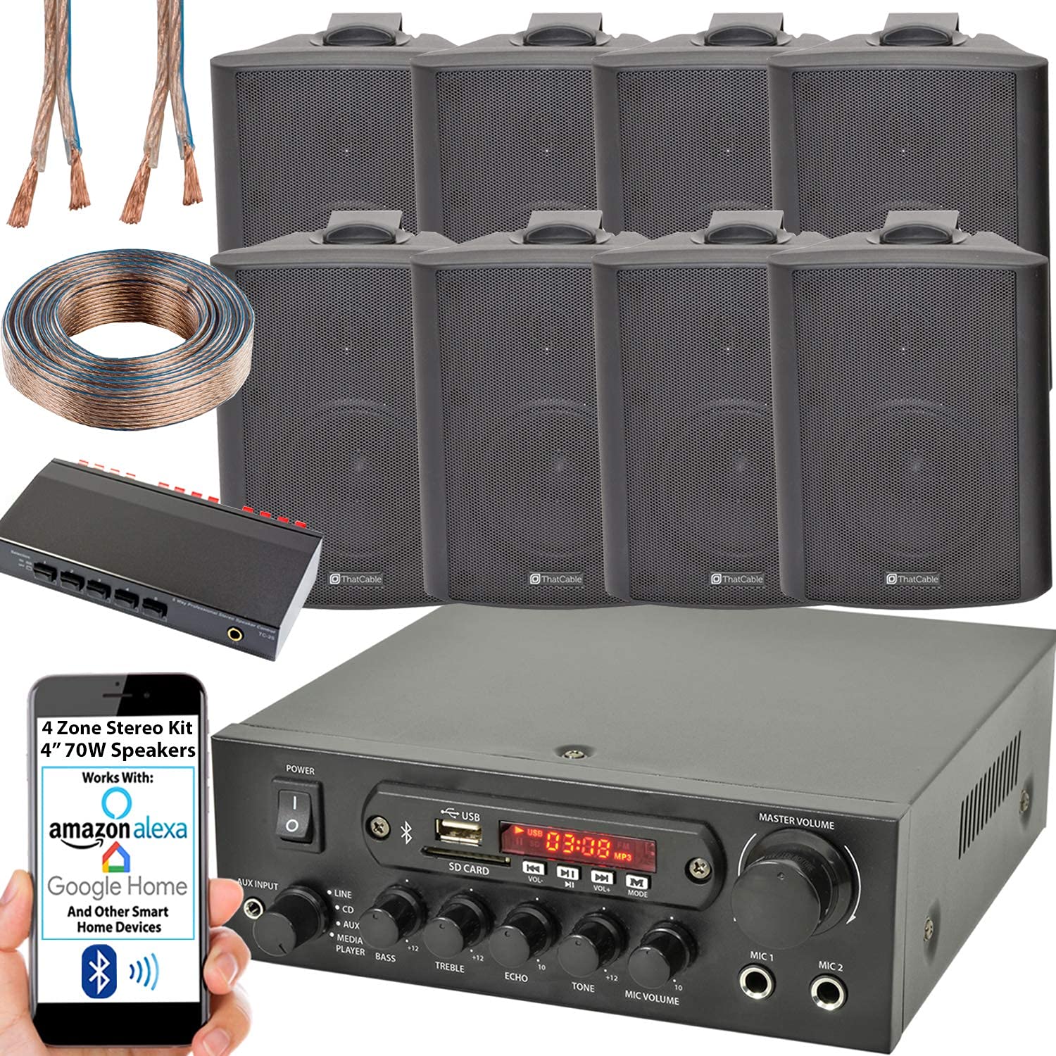 SMART HOME 4-strefowy zestaw BLUETOOTH – 8 x 180 W 10 cm czarny głośnik do montażu na ścianie, wzmacniacz stereo 110 W, kabel rozdzielacz głośników *ECHO ALEXA SPOTIFY* bezprzewodowy system wzmacniacza dźwięku HiFi - bar pub Home Surround