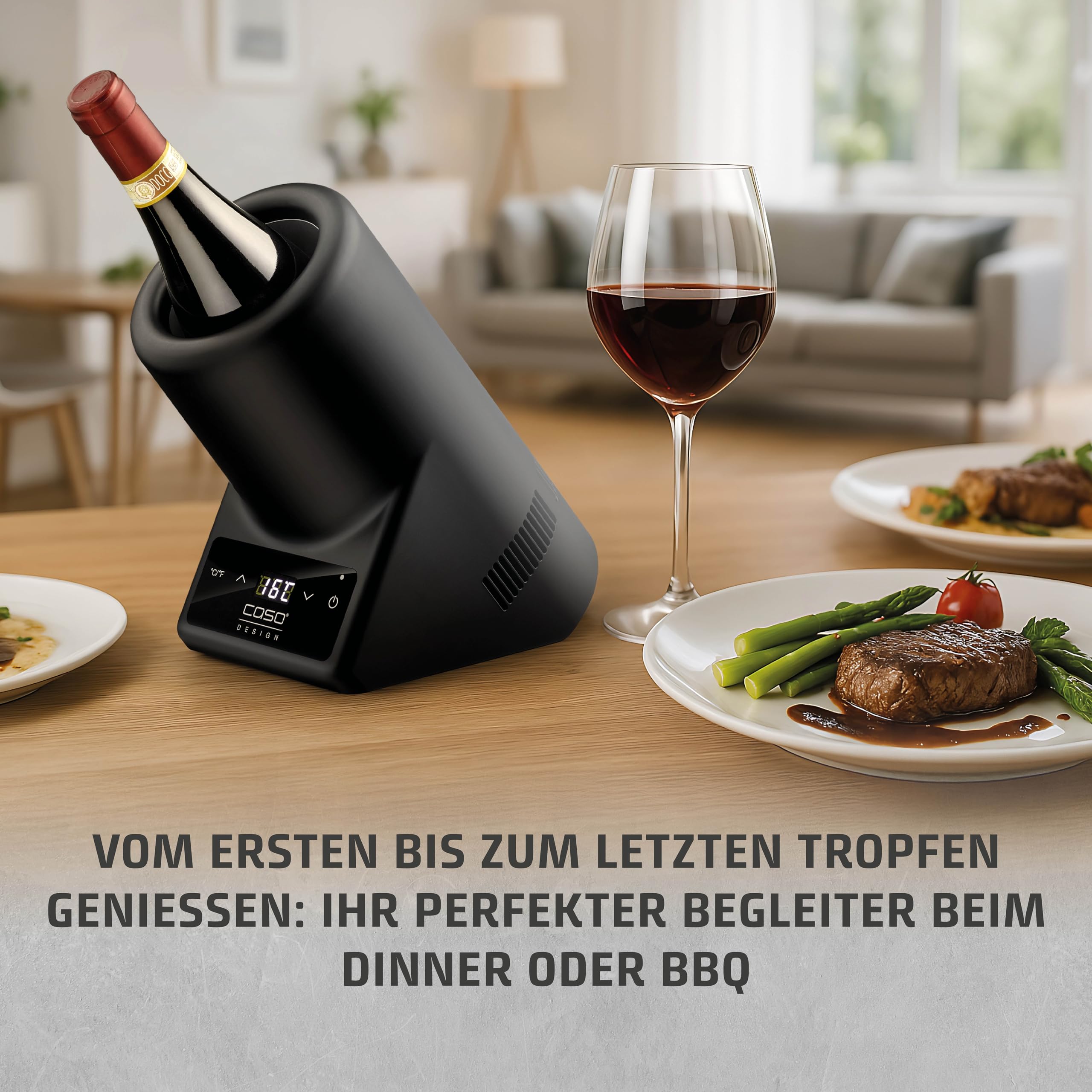 CASO VinoCase Black - Weinkühler für eine Flasche Wein, Champagner, Sekt, etc. / Temperatur 5-18°C/für Flaschen bis 9 cm Ø/Getränkekühler/Leise im Betrieb