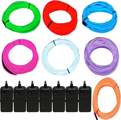 Paquete de 7 cables iluminados con luz de neón El Wire de Jytrend, 9 pies, con controlador a batería, colores verde, azul, rojo, naranja, púrpura,