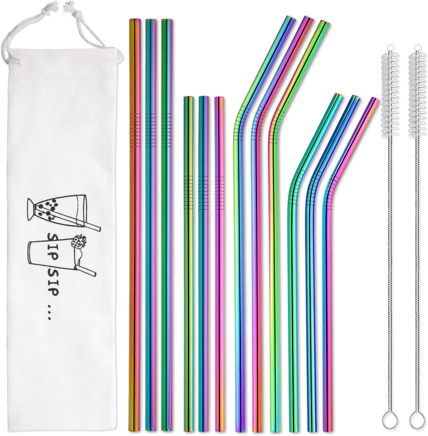 Hiware 12Pack Rainbow Metal Straws Reusable with Case Stainless Steel Drinking