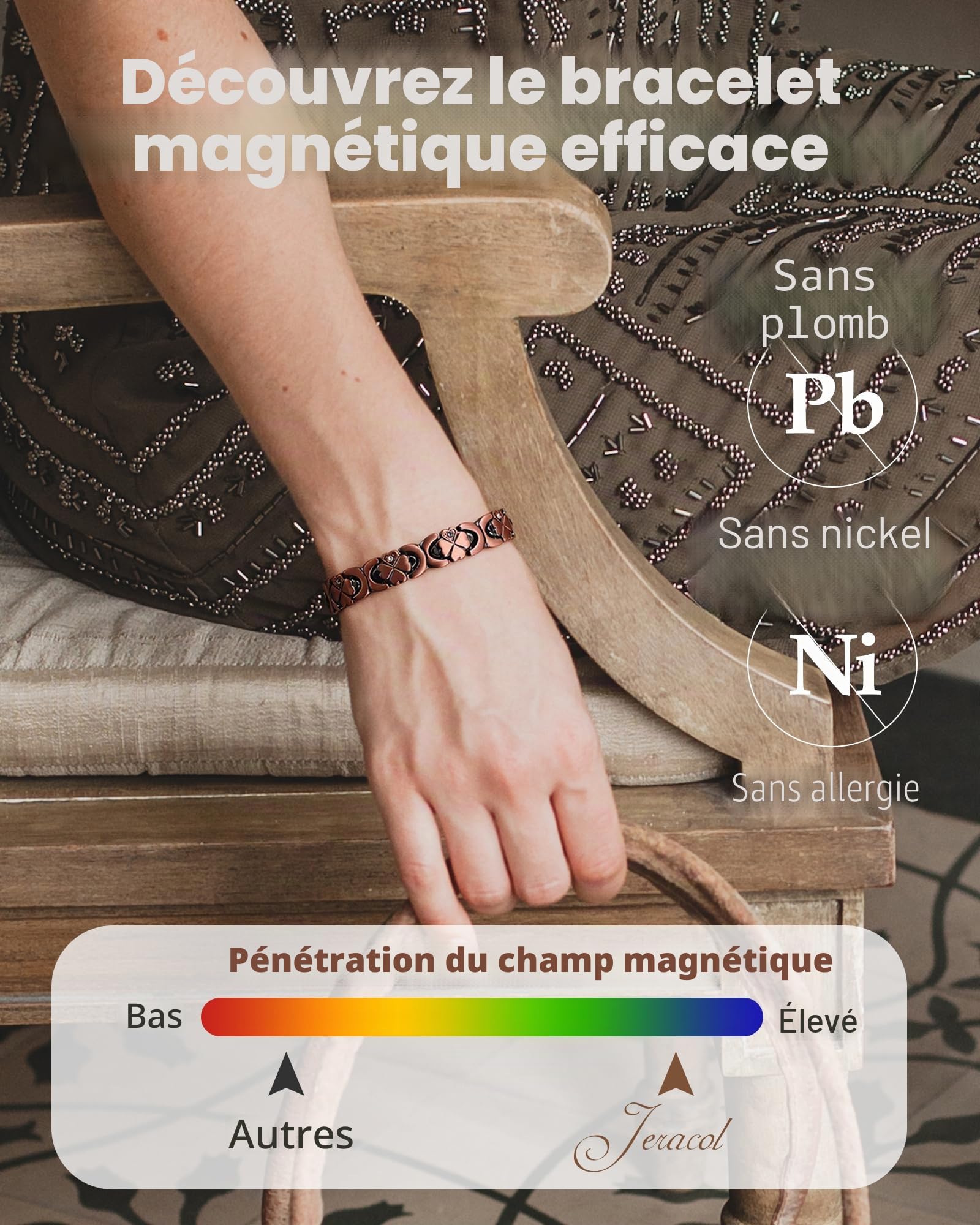 Jeracol Bracelet en cuivre pur pour femme, bracelet magnétique ultra résistant avec aimants en néodyme et oxyde de zirconium étincelant, réglable, bijou trèfle porte-bonheur