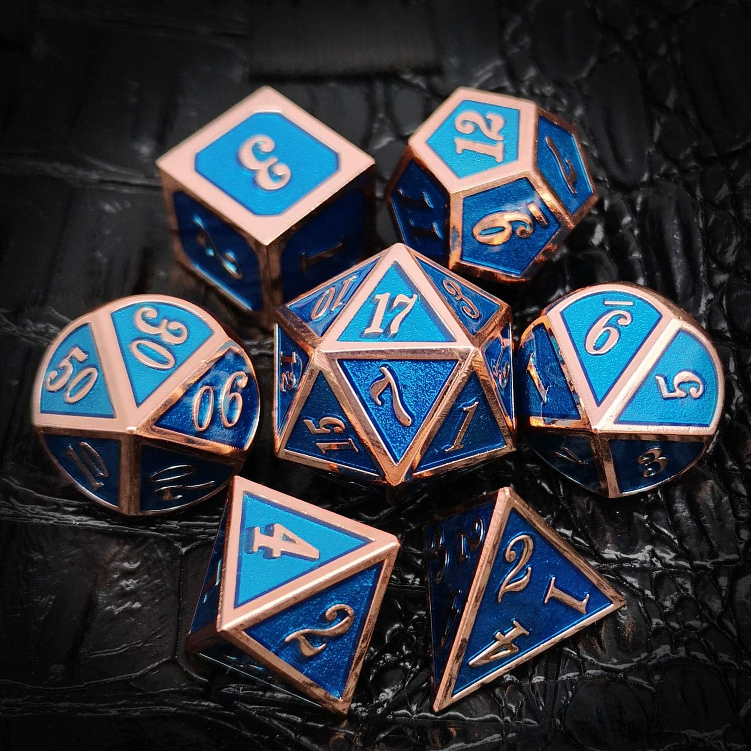 Haxtec Metal DND Dice Set Copper Blue Polyhedral Dice Compatible with Dungeons and Dragons TTRPG Metal Dice with Leather Dice Bag D&D Gifts for DND Lovers Players Masters