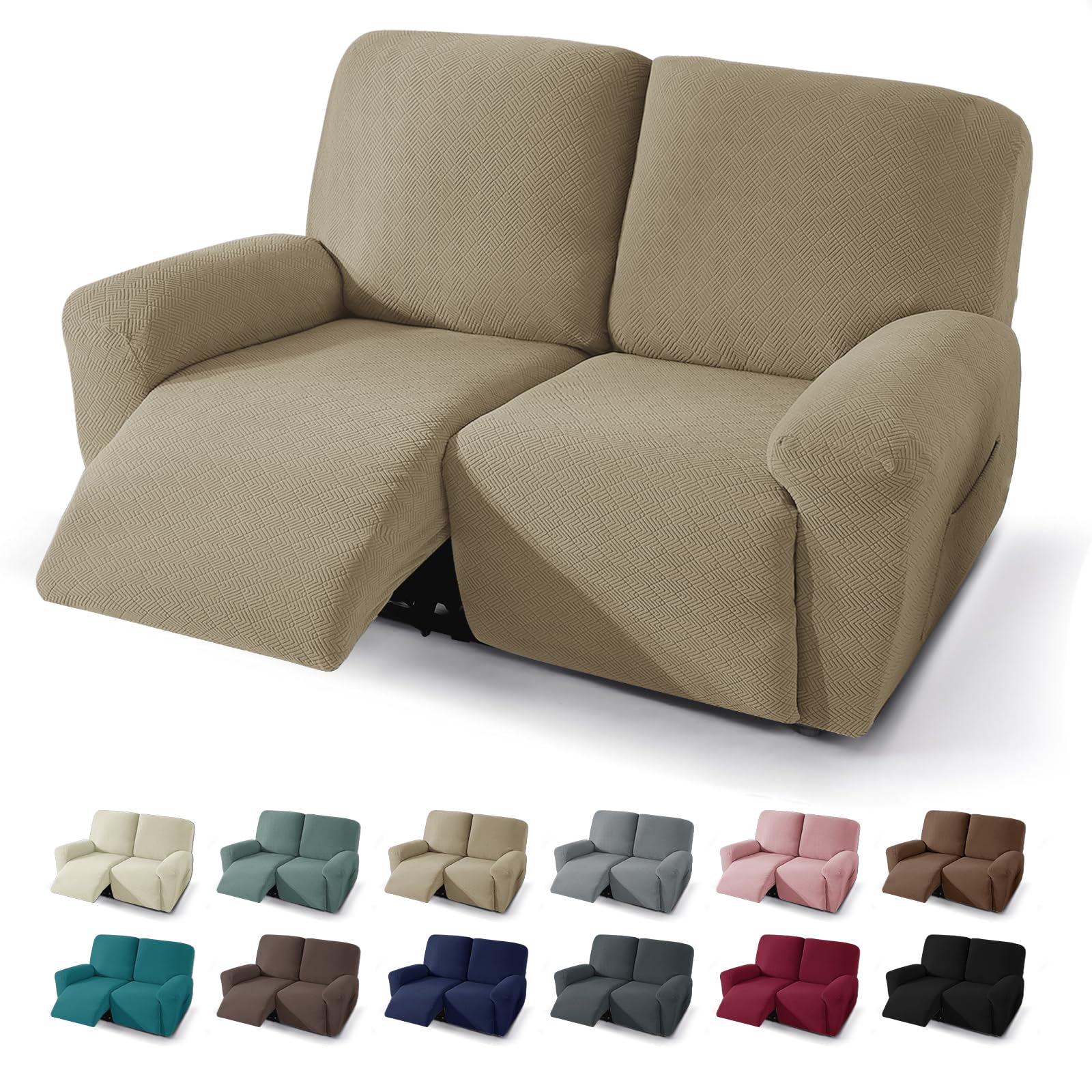 JIVINER Loveseat - Fodera per poltrona reclinabile, 4 pezzi, per divano reclinabile, 2 cuscini, copridivano Jacquard di recente protezione per mobili con tasche laterali (cachi, 2 posti)