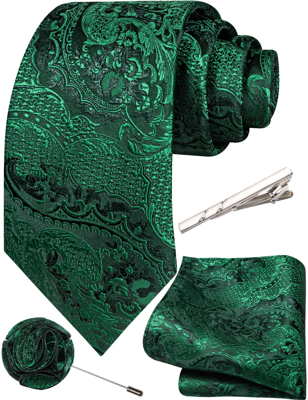 Unique Paisley Ties for Men Silk Neck Tie and Pocket Square Set with Tie Clip Lapel Pin Wedding Formal