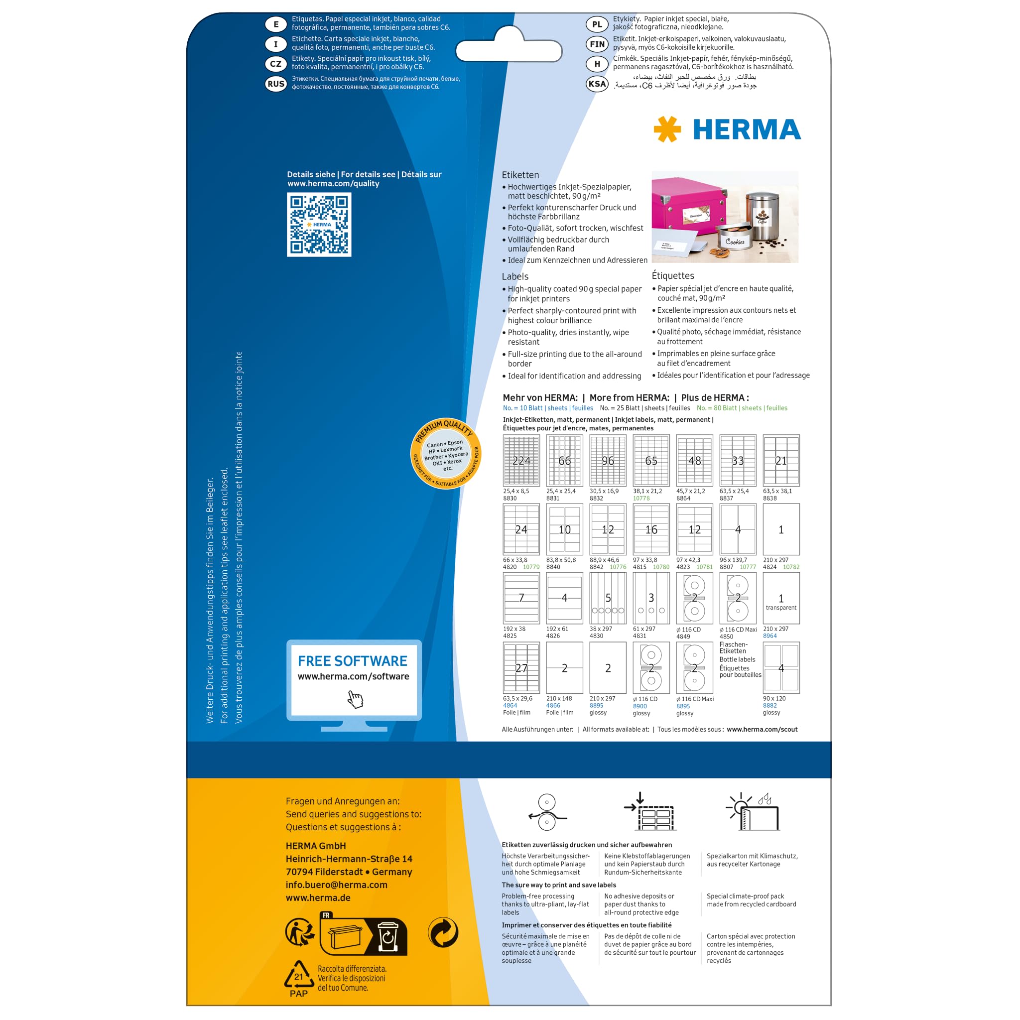 HERMA 4823 Adressetiketten für Inkjet Drucker, 800 Blatt, 97 x 42,3 mm, 12 pro A4 Bogen, 9600 Stück, selbstklebend, bedruckbar, matt, blanko Adressaufkleber Etiketten für Tintenstrahldrucker, weiß