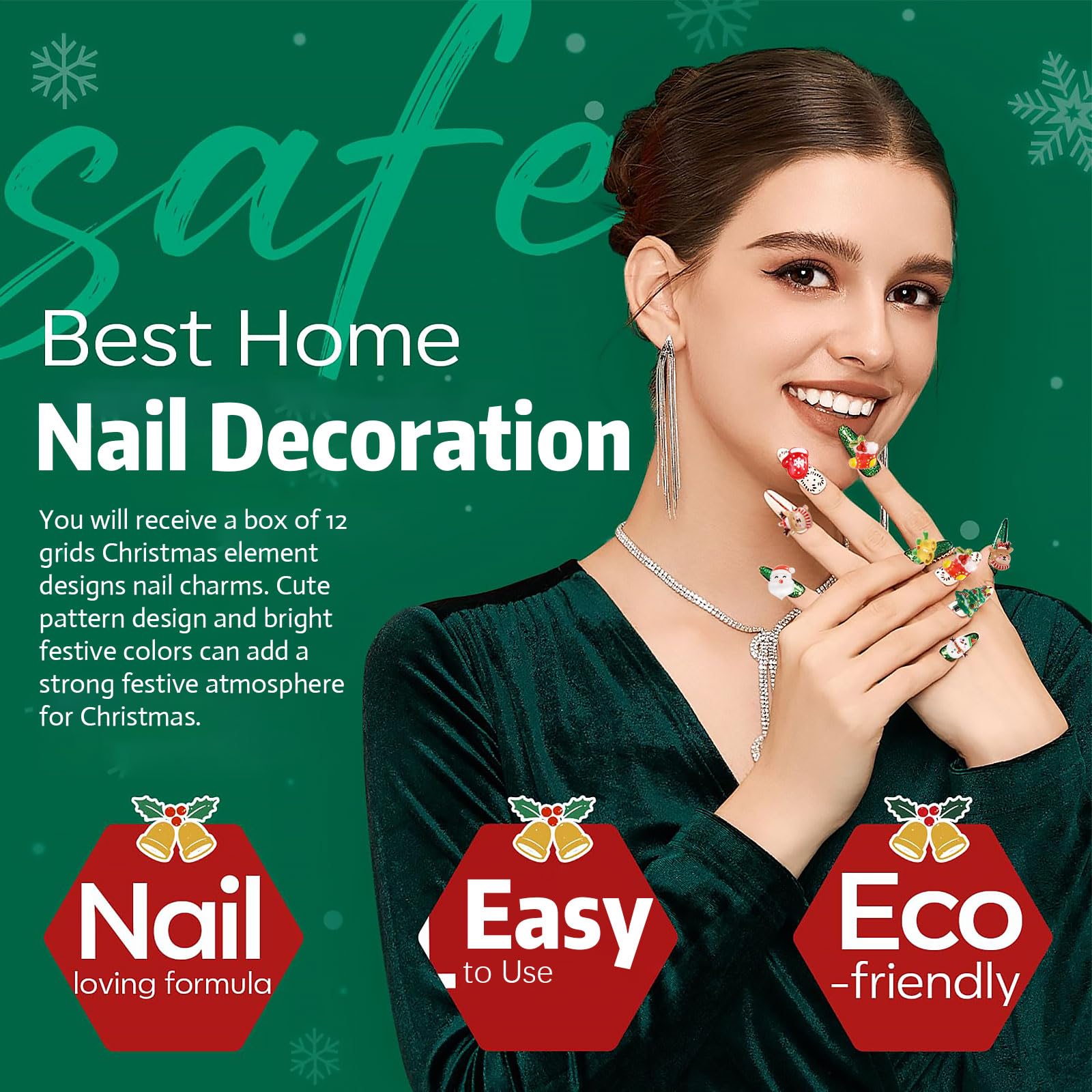 2 Box Christmas Nail Art Charms 3D Resin Snowman Reindeer Bell Santa Sock Rhinestones Xmas Decorations for Women Acrylic Nails Winter Accessories