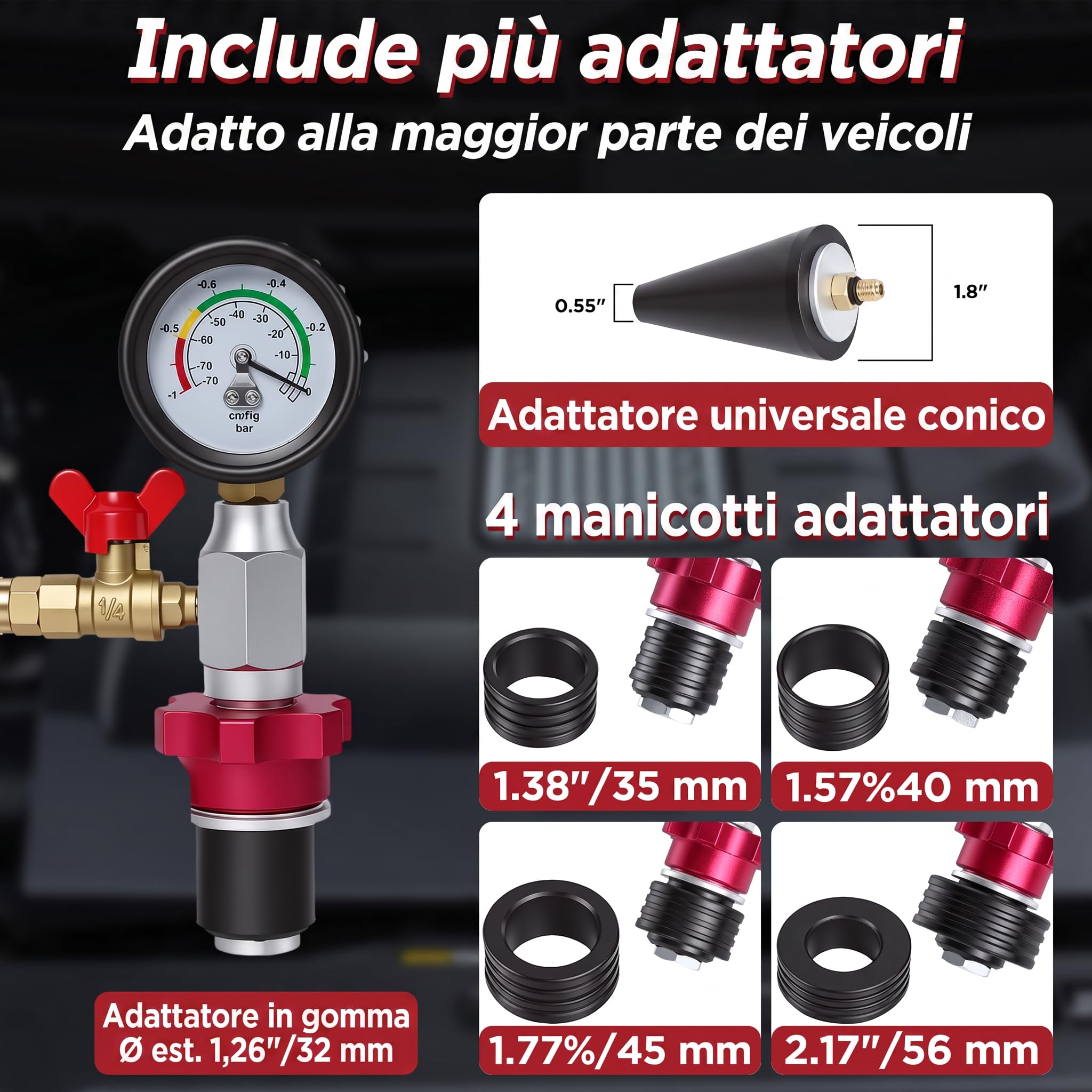 KAISAL Kit di sfiato e ricarica per liquido refrigerante per auto | Riempitore pneumatico antigelo con manometro, 5 adattatori di dimensioni per tutti i veicoli