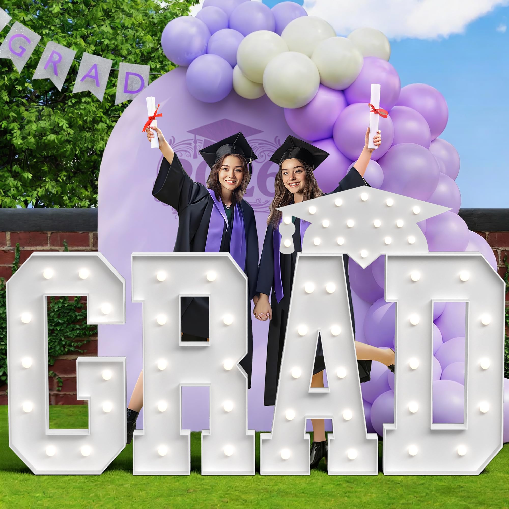 Photo 1 of Graduation Decorations Class of 2026 Marquee Letters 4 feet Tall Large Light Up Letters Cool White Light College Preschool Kindergarten High School Grad Party Decor Foam Board Yard Signs Backdrops(Letter GRAD)