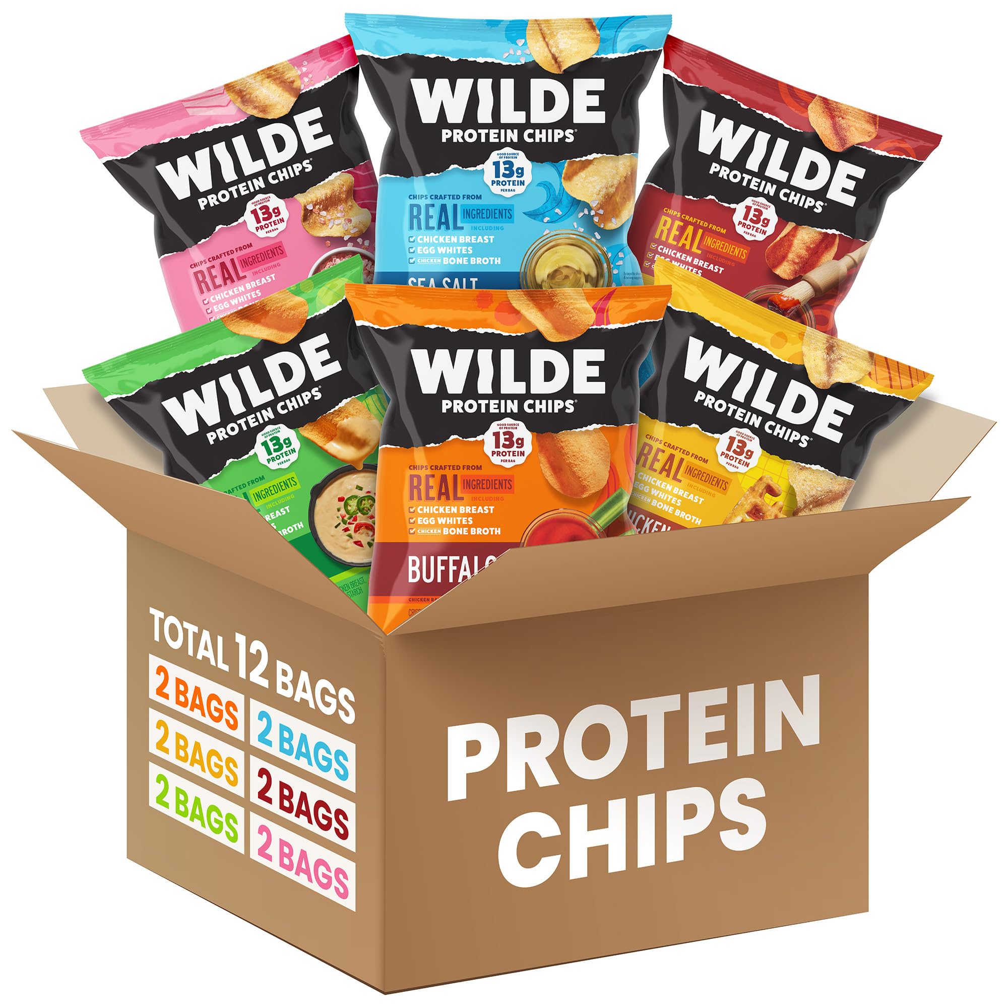 WILDE Protein Chips Variety Pack, High Protein Snacks for Adults, Keto Chips, Gluten Free, Low Carb Snack Box Made with Real Ingredients 1.34oz Bags, Pack of 12