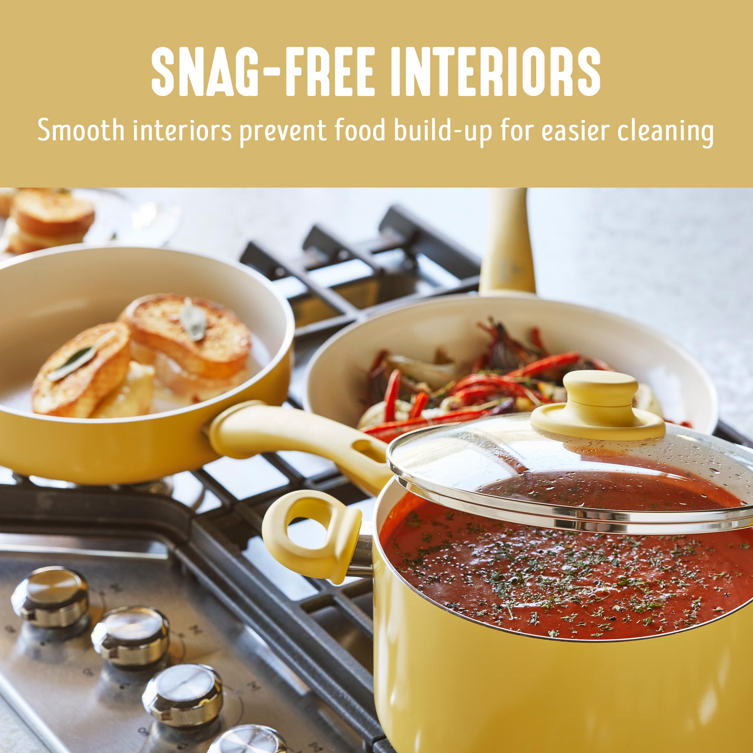 GreenLife 16 Piece Nonstick Cookware Set, Soft Grip Non-Toxic PFAS-Free Ceramic Pots & Pans, Dishwasher & Oven Safe, Frying, Sauce, Saute, Utensils, Glass Lids, Stay-Cool Handles, Wobble Free, Yellow: 16 Piece Cookware Set Yellow