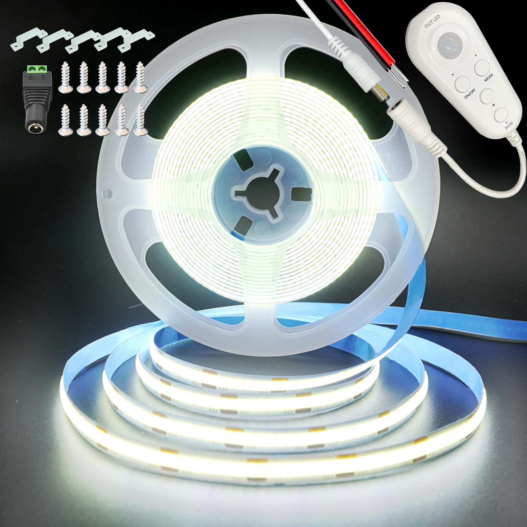 Clearhill Motion Sensor Dimmable LED Strip Lights,16.4FT/5M,Cool White 6500K,8mm Width,320LEDs/M,Not Waterproof IP 20,12V DC for Closet Light Bedroom Cabinet Stair