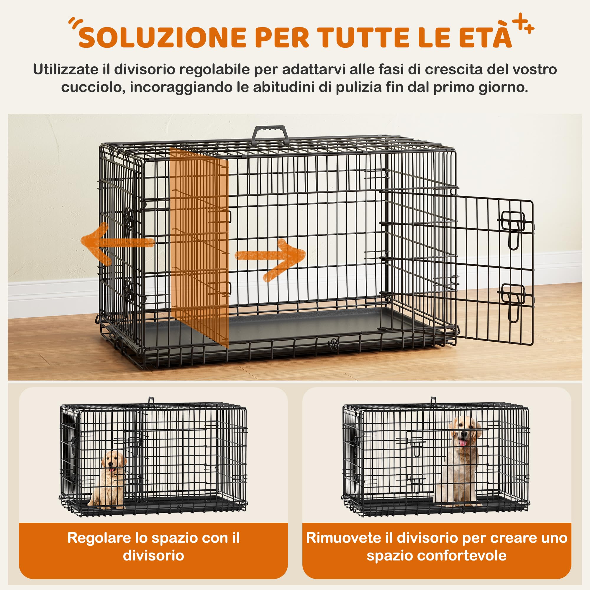 Yaheetech Gabbia per Cani Gatti Kennel in Metallo Cuccioli Pieghevole con Vassoio Rimovibile Doppia Porta e Divisorio Regolabile 107 × 60 × 66 cm Nero