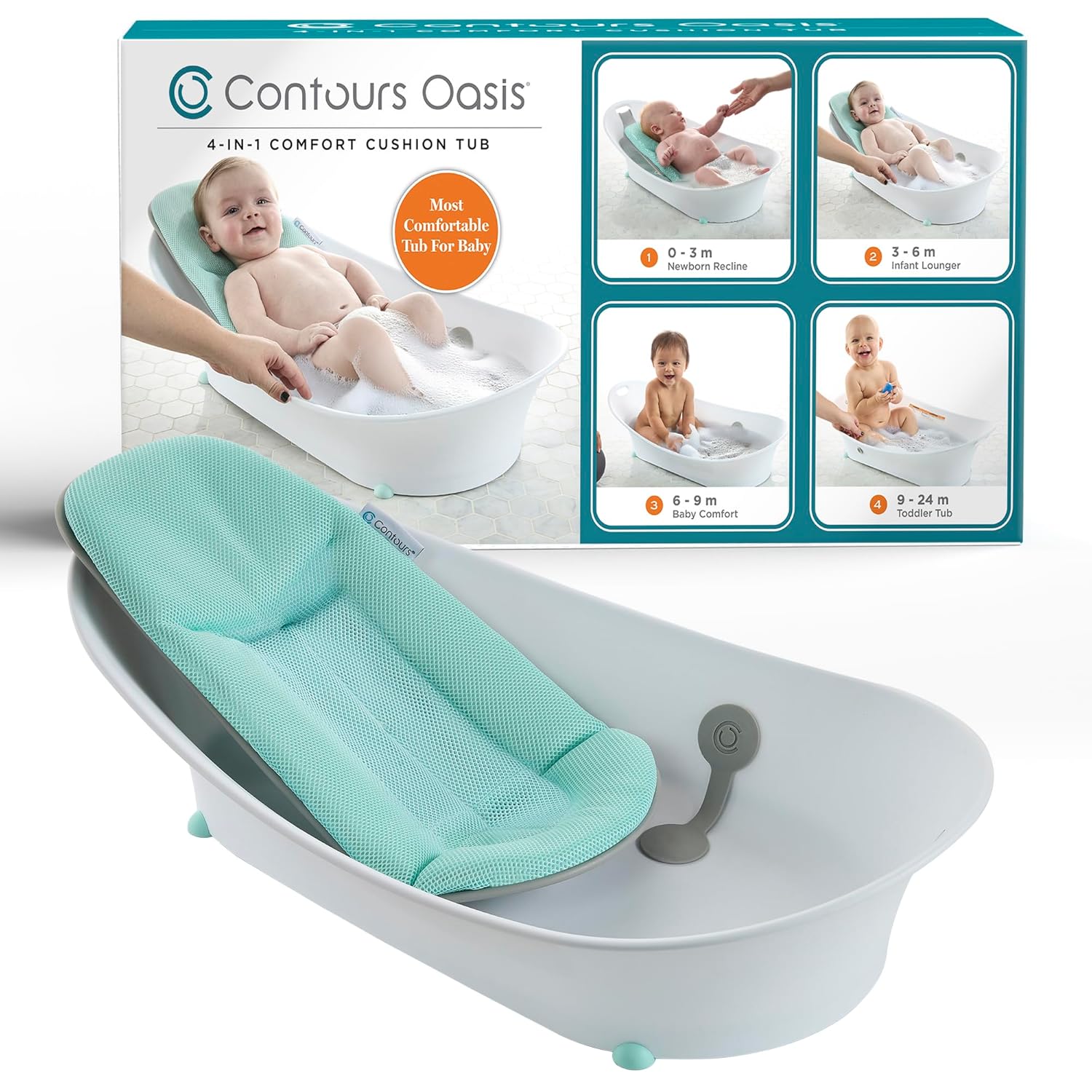 Contours Oasis 4-in-1 Baby Bathtub, Infant Bath Seat, Newborn Toddler Support, Portable, Quick-Dry Mesh Pad, Grow-with-Me, Comfortable, Cleanable, Compact, Non-Slip Base, Blue and White, 0-24 Months