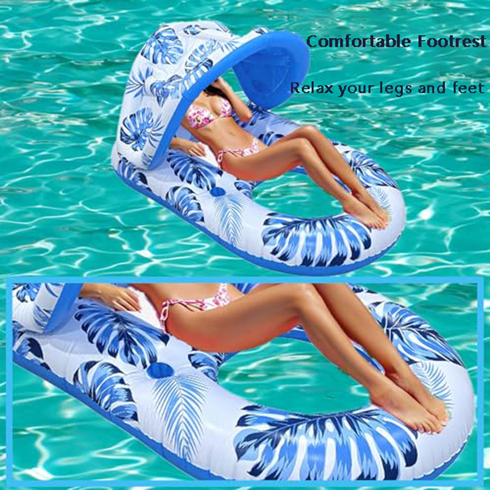 Hamaca Flotante para Piscina para Adultos 140 * 90cm,Colchoneta Piscina Hinchable con Capota Desmontable,Piscina Flotador de Agua con portavasos y reposapiés,para la Piscina Verano Playa