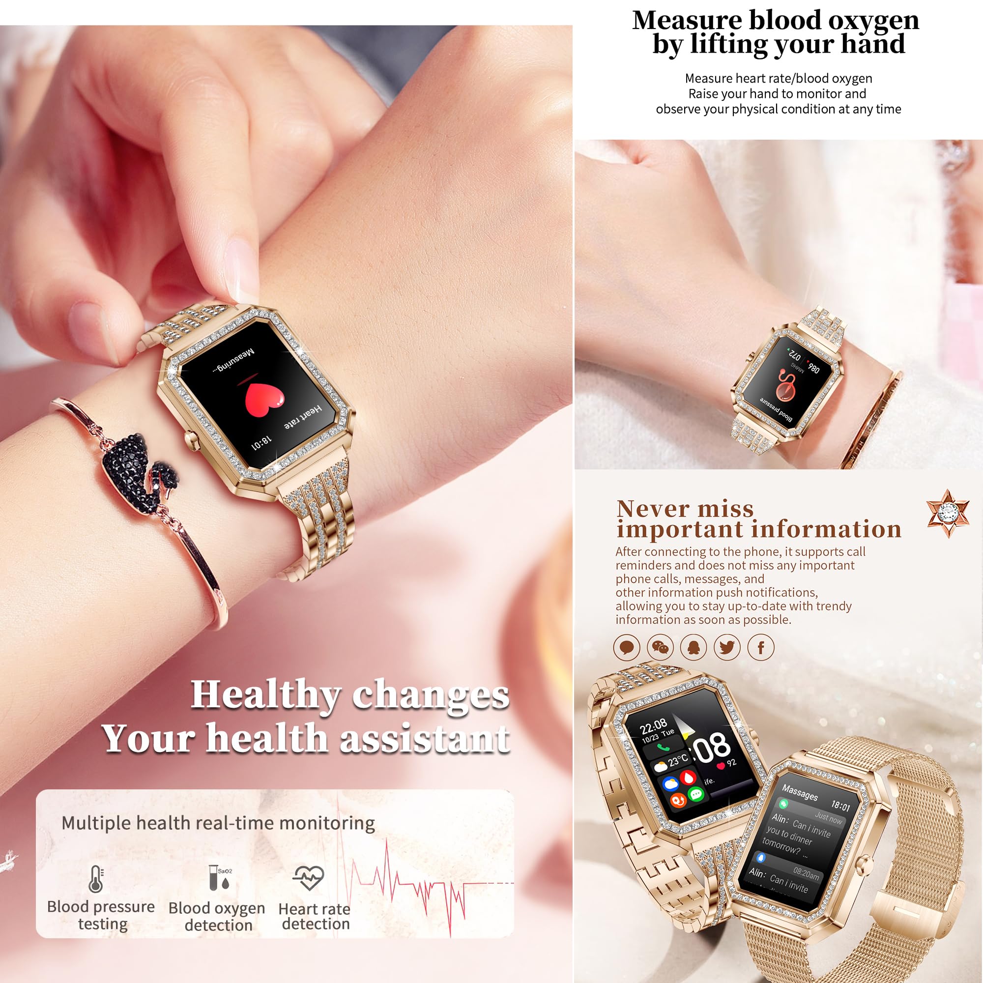 Smartwatch Donna Chiamata Bluetooth e Risposta Vivavoce, Smart Watch con Diamond Contapassi Cardiofrequenzimetro 123 Modalità Sport Orologio Fitness Tracker per Android iOS (Argento)