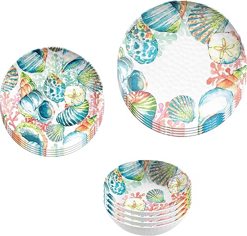 TarHong Sandbar Brights - Juego de vajilla de 12 piezas para interiores y exteriores, melamina pura inastillable, 4 platos llanos, 4 platos de