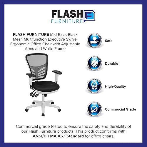 Miniatura 16 de Flash Furniture Nicholas - Silla de oficina ejecutiva, ergonómica y giratoria, multifuncional, malla negra con brazos ajustables y estructura blanca