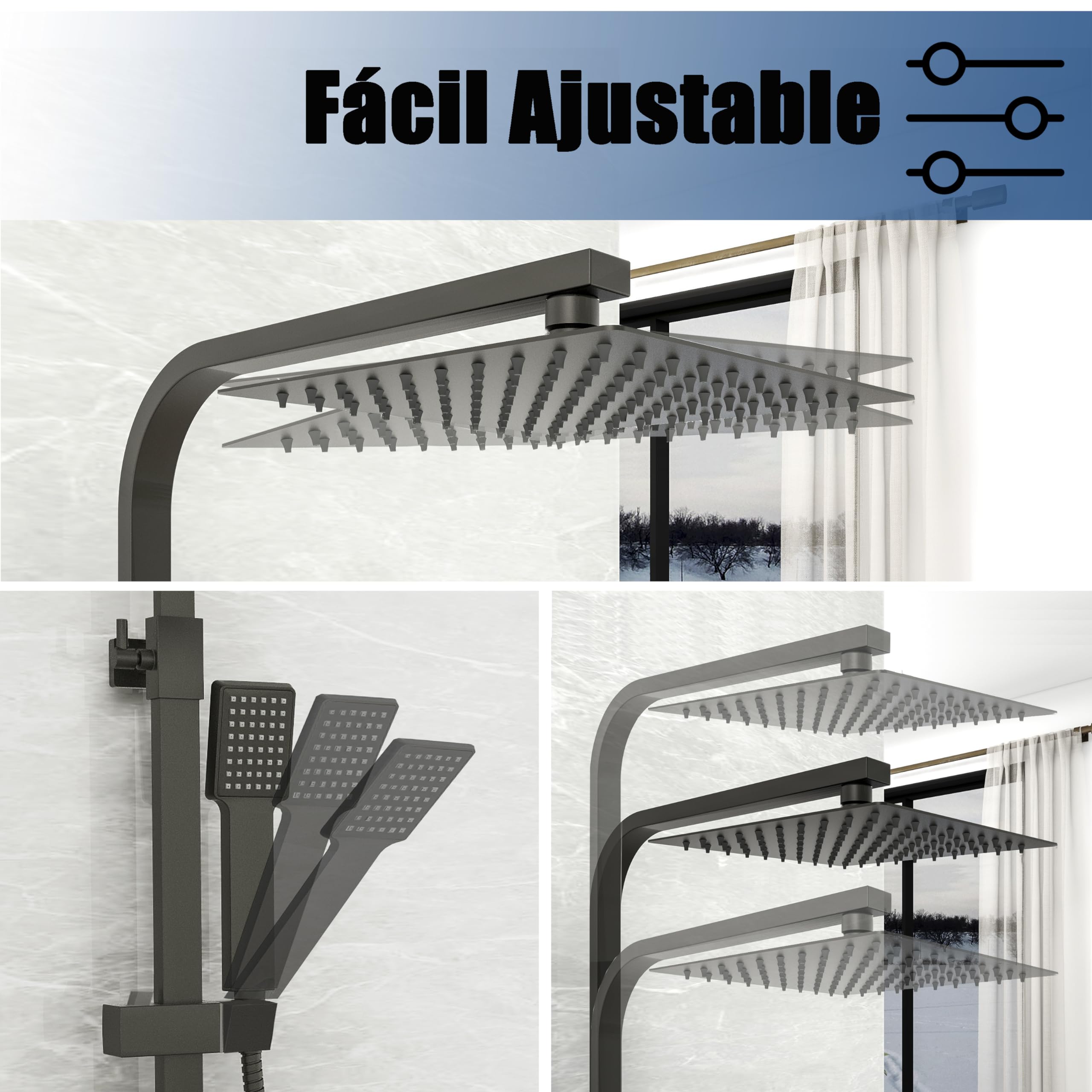 Aica Sanitarios Columna de Ducha Termostática Negro Mate 80-120cm con Alcachofa Superior de 8 Pulgadas Cuadrada Ducha Lluvia para Baño