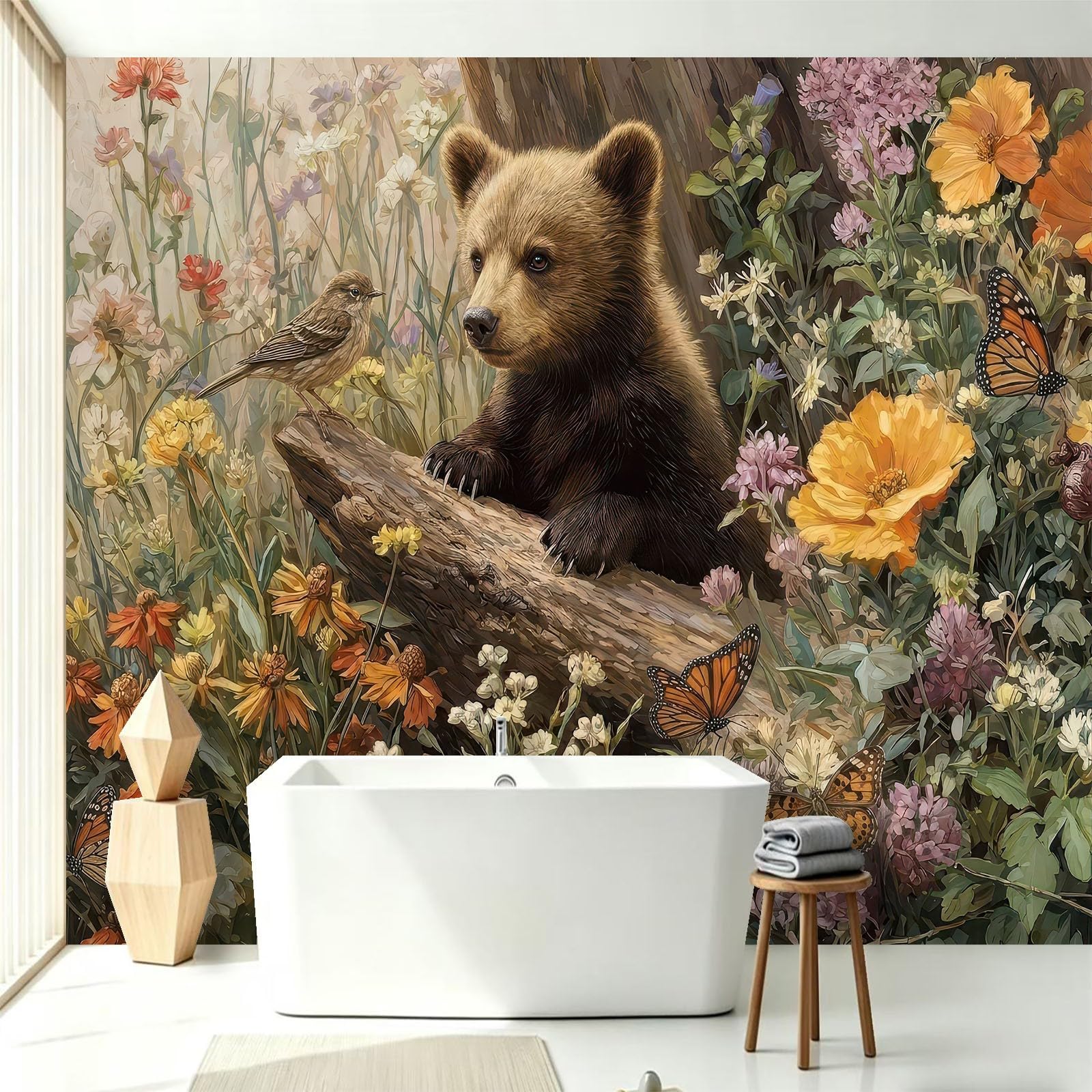 Générique Panoramiczna tapeta, kwiat zwierzęcy niedźwiedź 250 x 175 cm plakat 3D ogromny mural - naturalny las tapeta do salonu, pokoju dziecięcego dla dorosłych i gabinetu dekoracja restauracji