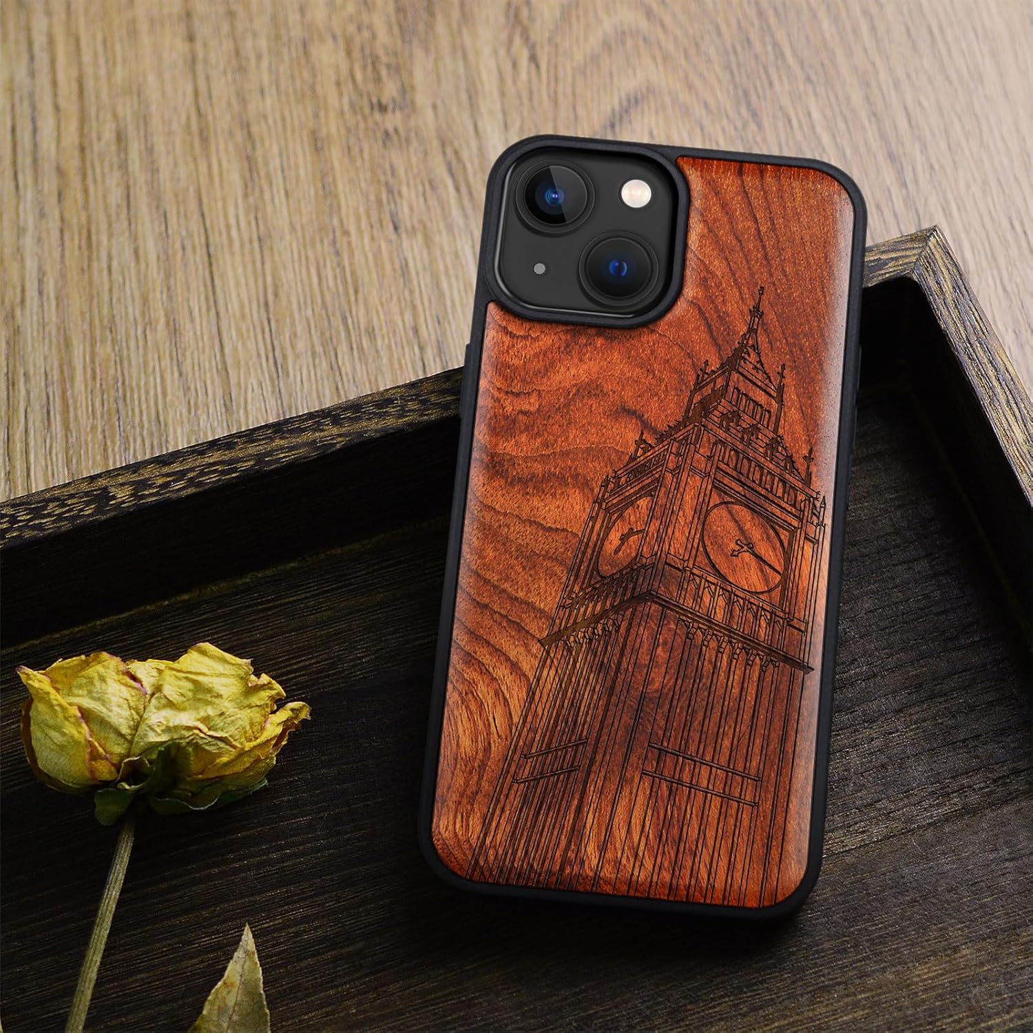 Carveit Magnetic Wooden Case for iPhone 15 Case, Compatible with MagSafe Wireless Chargers, Black Soft TPU Shockproof Cover & Wood Artisan Engraved (Big Ben of London) - Rosy