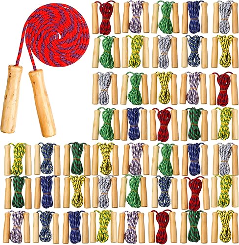 Lenwen 80 cuerdas de saltar de 7.25 pies para niños, cuerda de algodón ajustable con mango de madera, cuerda de salto trenzada a granel para