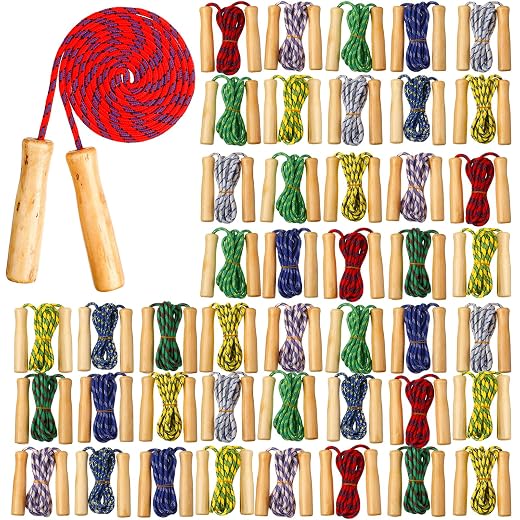 Lenwen 60 Pcs 7.25 ft Jump Rope for Kids Bulk Adjustable Cotton Beaded Skipping Rope with Wooden Handle for Children Women Men Indoor Outdoor Exercise Training Fun Activity School Supplies