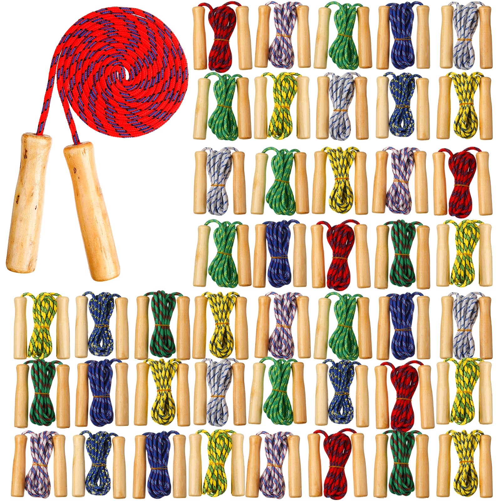 Lenwen 80 Pcs 7.25 ft Jump Rope for Kids Skipping Rope Adjustable Cotton Rope with Wooden Handle Bulk Braided Fitness Jumping Rope for Students Girls Boys Training Outdoor Exercise, Random Colors