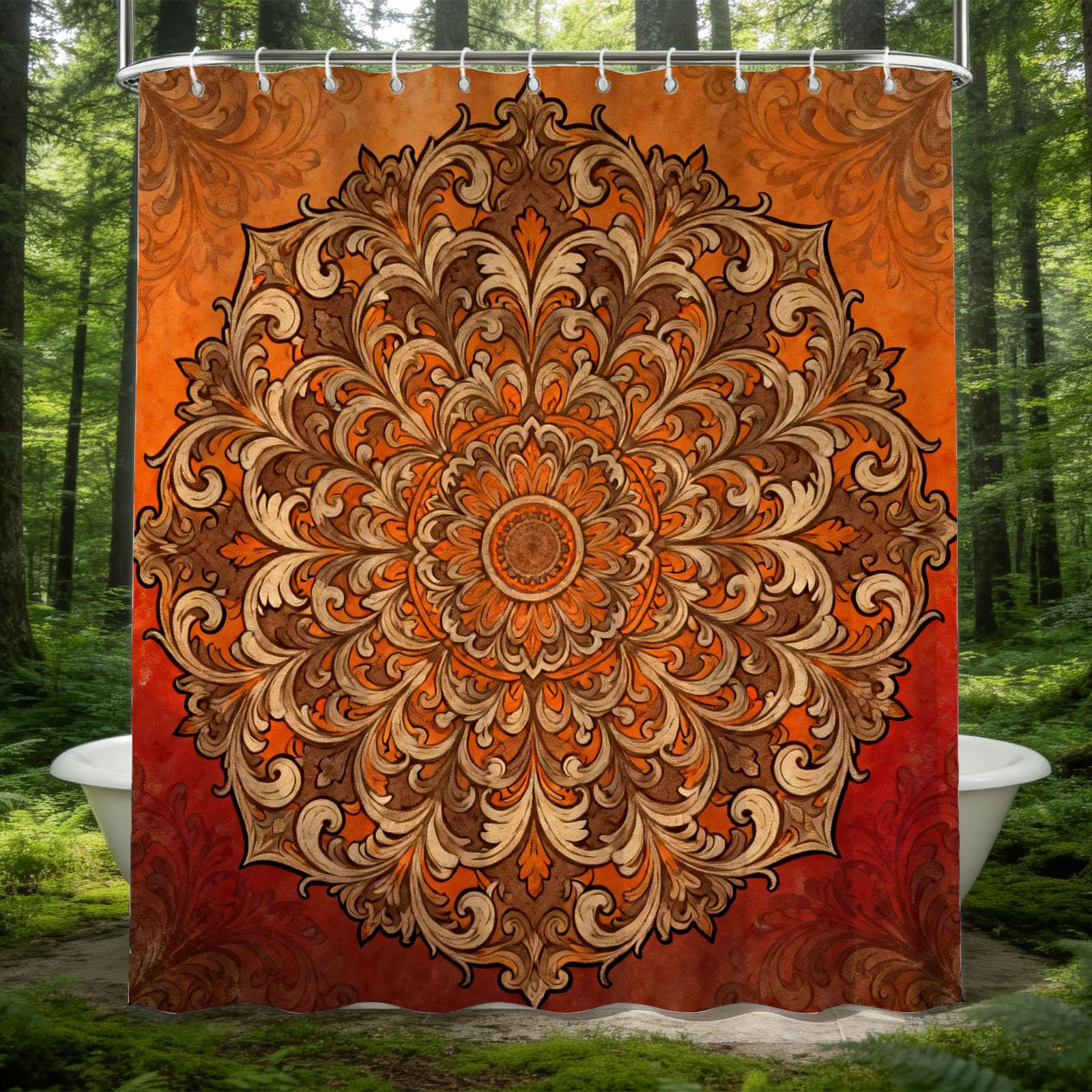 Hongduo White 3D Mandala Pattern Shower Curtain For Stalls Bathtubs Retro Vintage Style Bathroom Decor Shower Curtain Set Polyester Fabric Waterproof 180X180cm/71X71 Inch With Hooks