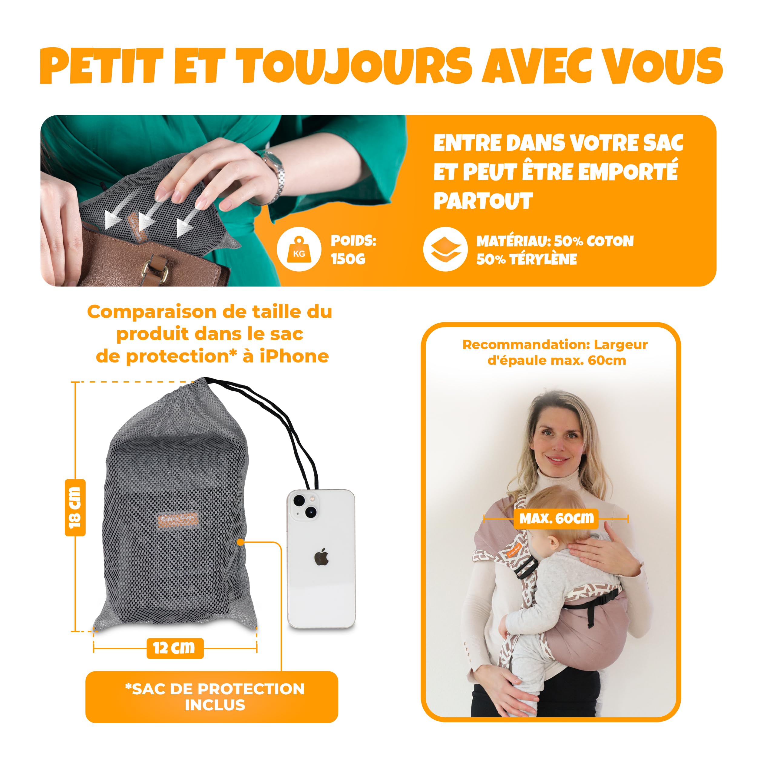 GUBBY GUPS Porte-Bébé Hanche Ergonomique V3.0 – Portage Bébé Latéral Léger Compact 15 kg
