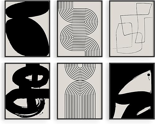 HAUS AND HUES Pintura abstracta negra estética Juego de 6, abstracto moderno, negro y gris, arte abstracto de una línea, impresión geométrica, arte