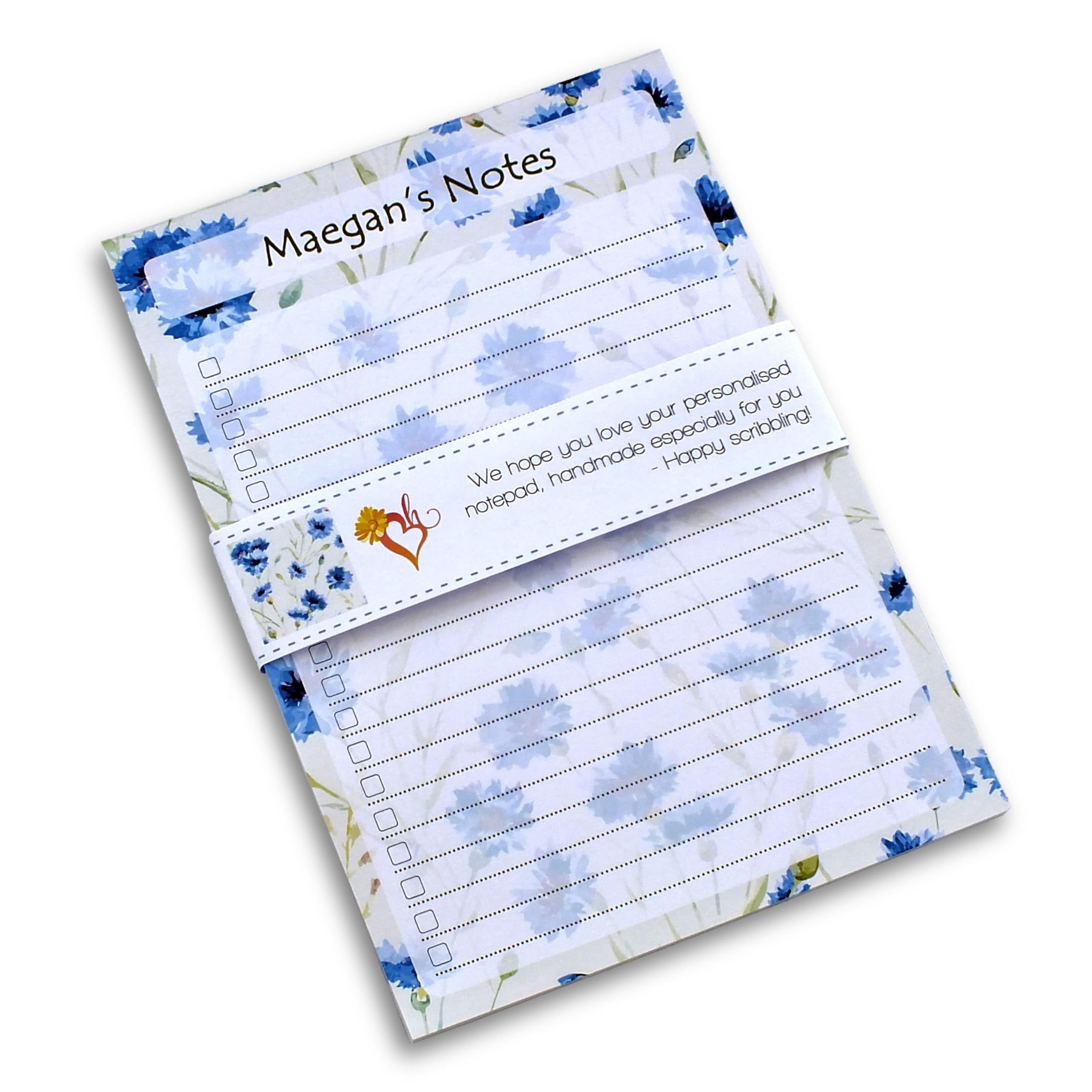 Bright Heart Design Personalised Notepad, Any Heading, Desk Writing Pad To Do List Checklist, Tear Off Pages, Note pad Lined or Unlined, Blue Floral Stationery Gift for Her