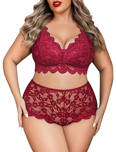 Avidlove Plus Size Lingerie Set for Women Sexy Lace Halter Bralette High Waist Panty Set - 22 Plus - Cardinal Red
