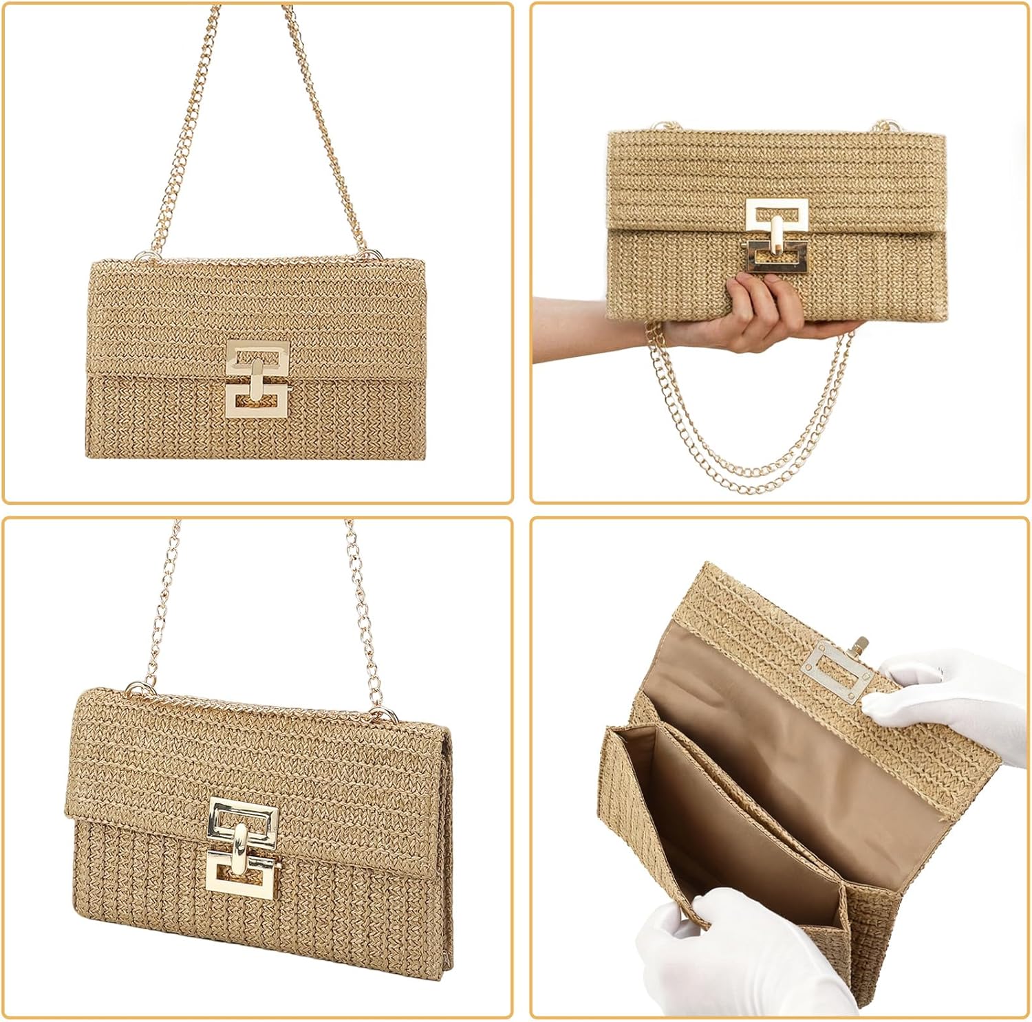 Woven Straw Purses with Metal Chain | Beach Bag for Women | Dual Package for Wedding, Party, Vacation & Evening Events