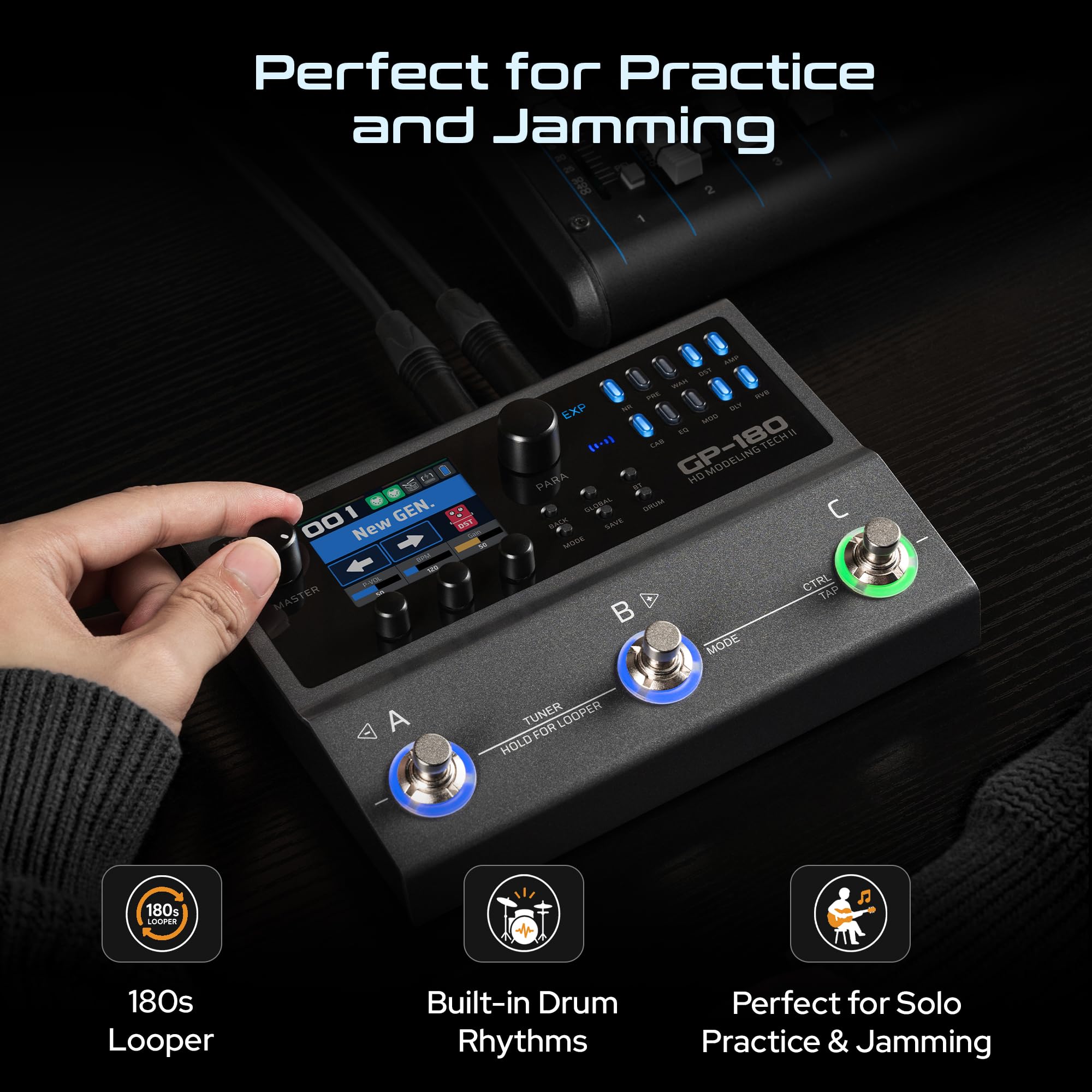 Valeton GP-180 Processore Multi-Effetti per Chitarra, Più di 200 Effetti, Modellazione NAM SnapTone, Caricatore IR, Looper, Drum Machine, Interfaccia Audio USB, Bluetooth MIDI, 3 Pedali a Interruttore