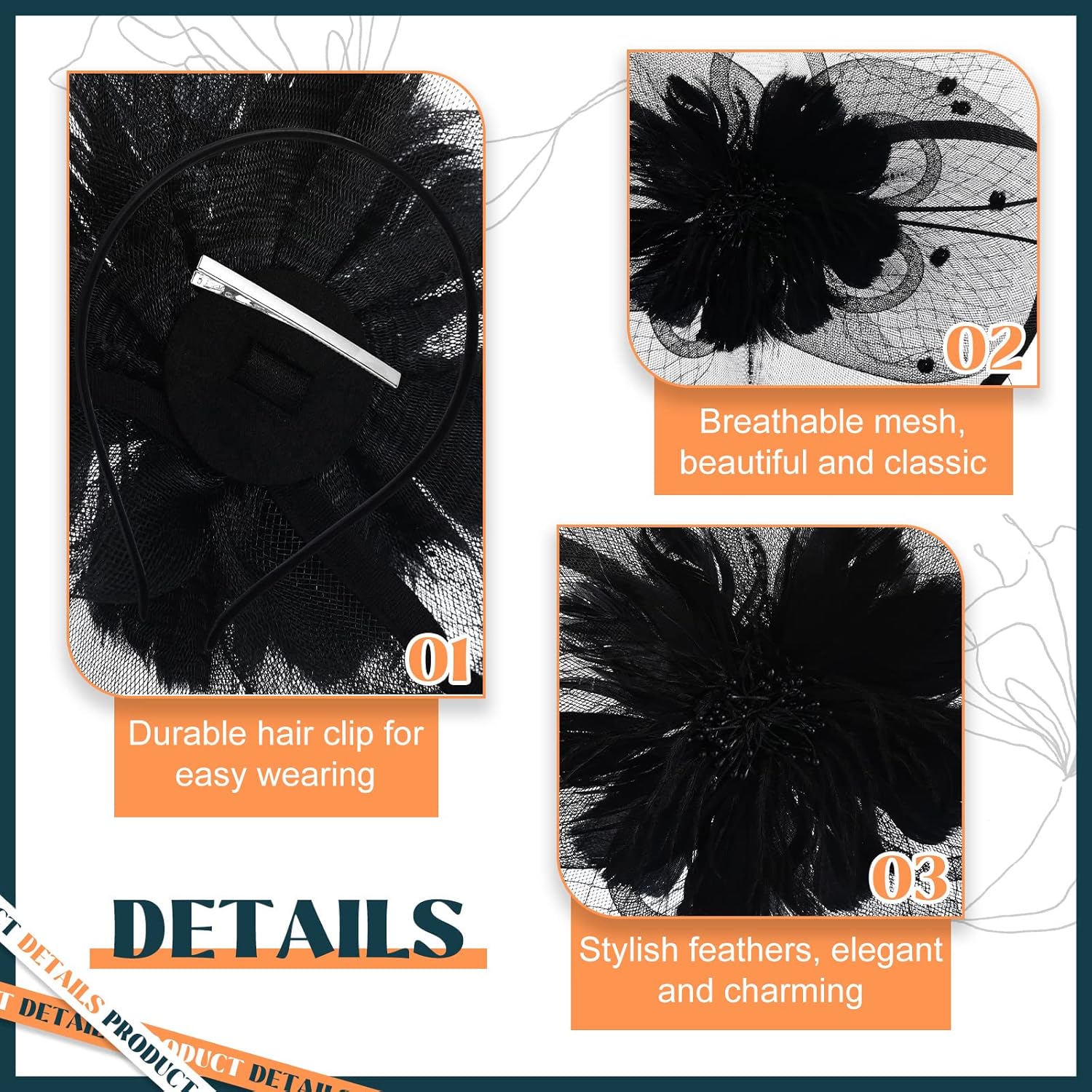 3 Pieces Fascinators Hats for Women Tea Party Hat Feathers Veil Mesh Hat Lace Gloves Pearl Choker Necklace Set for Wedding (Black) - Image 4