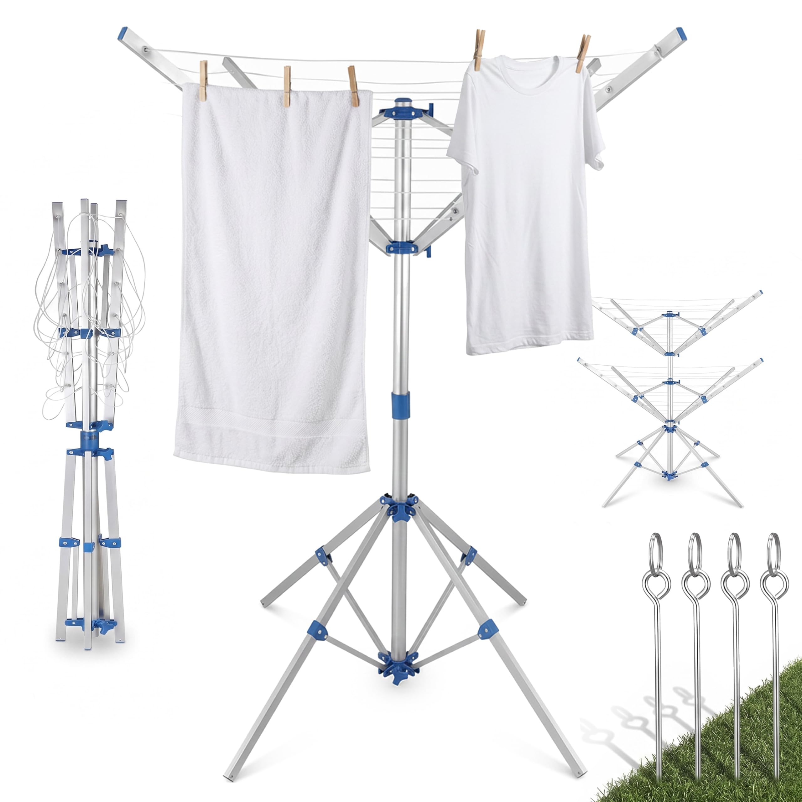 Monzana Blue Monzana® Freestanding Rotary Washing Line, 4 Arms, 14 Metres Of Clothesline, 104X104x160cm, Washing Line Airers Clothes Airer Outdoor Portable Foldable Indoor Outdoor Dryer Caravan Motorhome Campervan