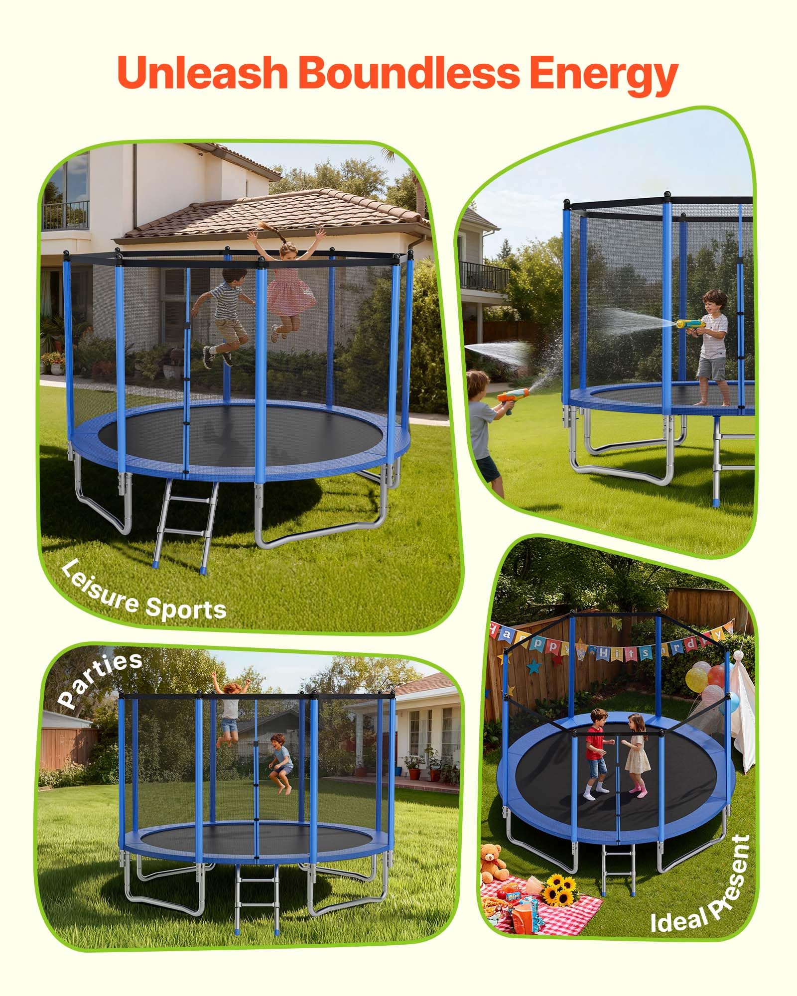 VEVOR Trampolín de Exterior 366 x 256 cm, Cama Elástica Infantil con Red de Protección, Capacidad Máxima de 181 kg, Trampolín al Aire Libre con Postes Rectos, Regalo de Cumpleaños para Niños