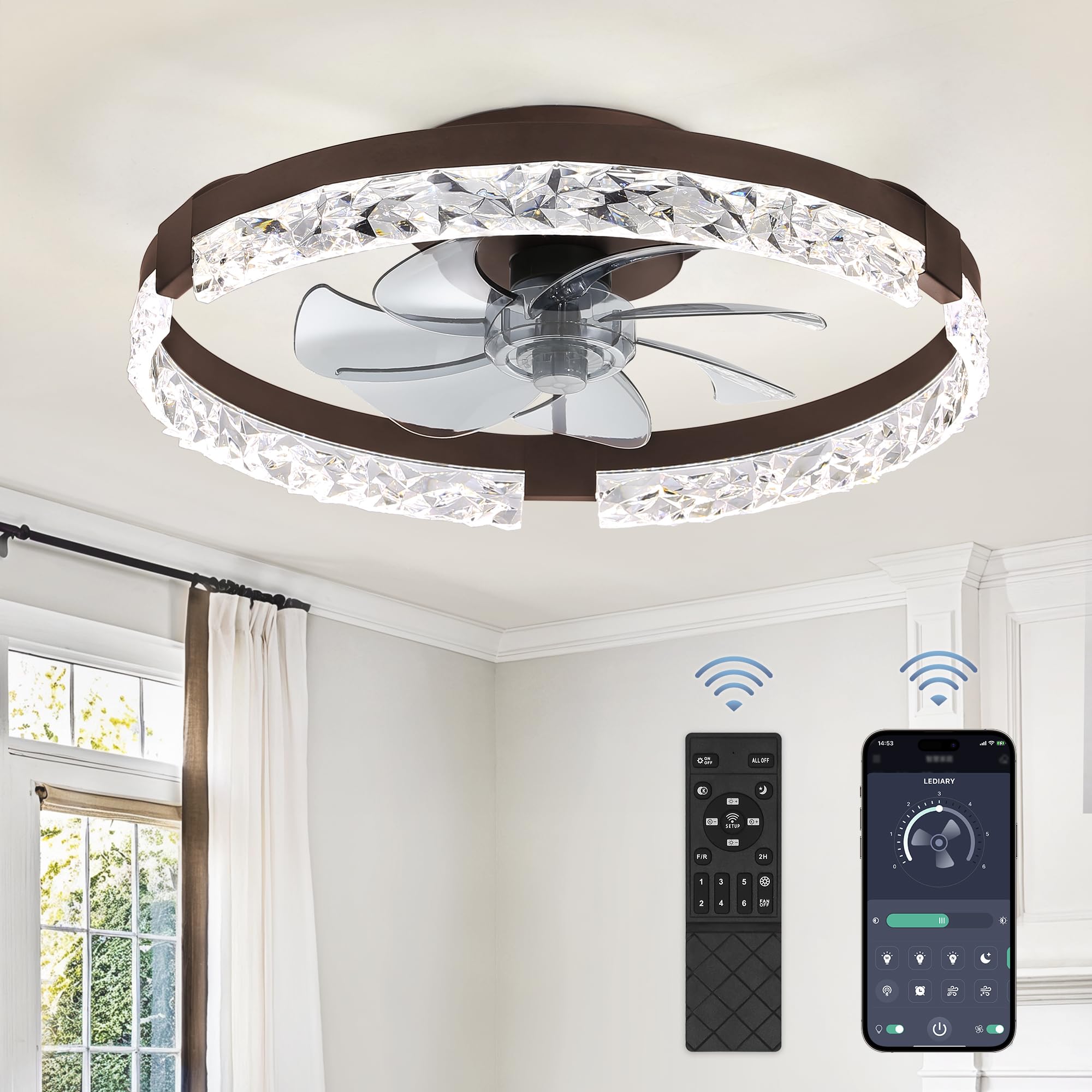 20 Inch Low Profile Ceiling Fans with Lights and Remote, Fandelier Ceiling Fan Flush Mount, 3000K-6000K Dimmable LED Fan Light, Brown Modern Ceiling Fans with Lights for Bedroom