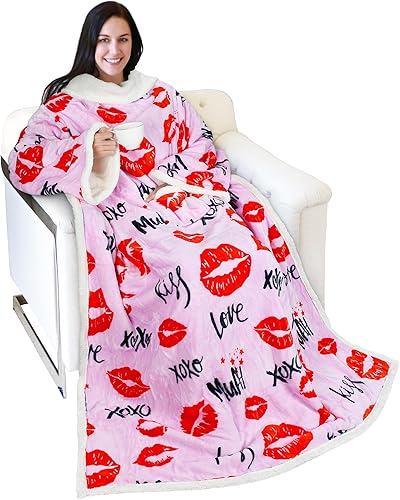 Catalonia Kiss Lips - Manta de sherpa con mangas y brazos, cómoda manta de manga para TV, manta grande para mujeres y hombres, regalo para ella