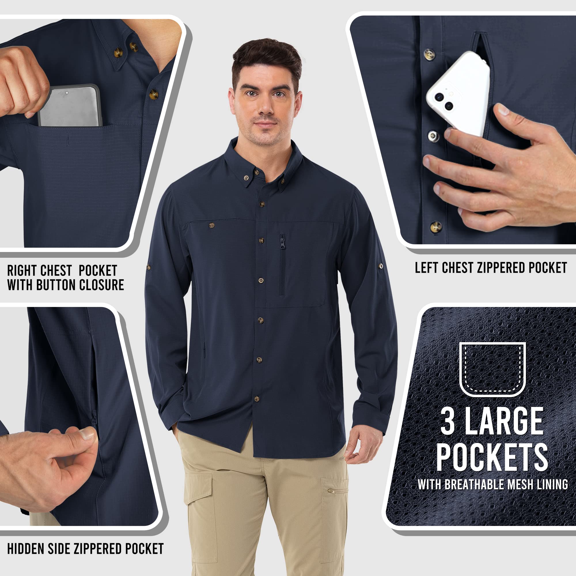 Camicia da uomo a maniche lunghe, da uomo, ad asciugatura rapida, leggera, funzionale, traspirante, 50+, protezione UV con tasche, per pesca, corsa, escursionismo, campeggio