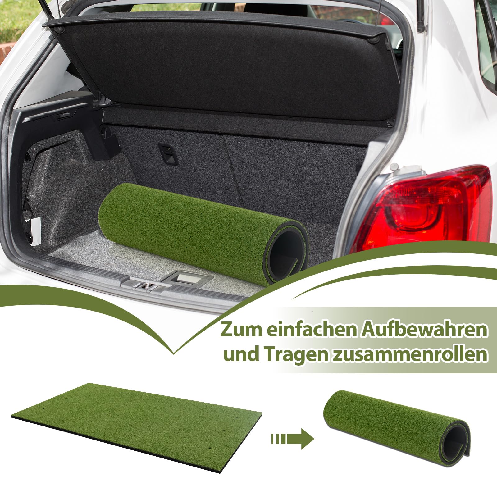 GYMAX Golf Abschlagmatte, Golf Übungsmatte mit 2 Gummi-Tees, 2 Ausrichtungsstäben & 6 Abschlagpositionen, Golf-Schlagmatte für Schwung-Training, Golfmatte für Indoor & Outdoor, 152 x 92 x 2 cm