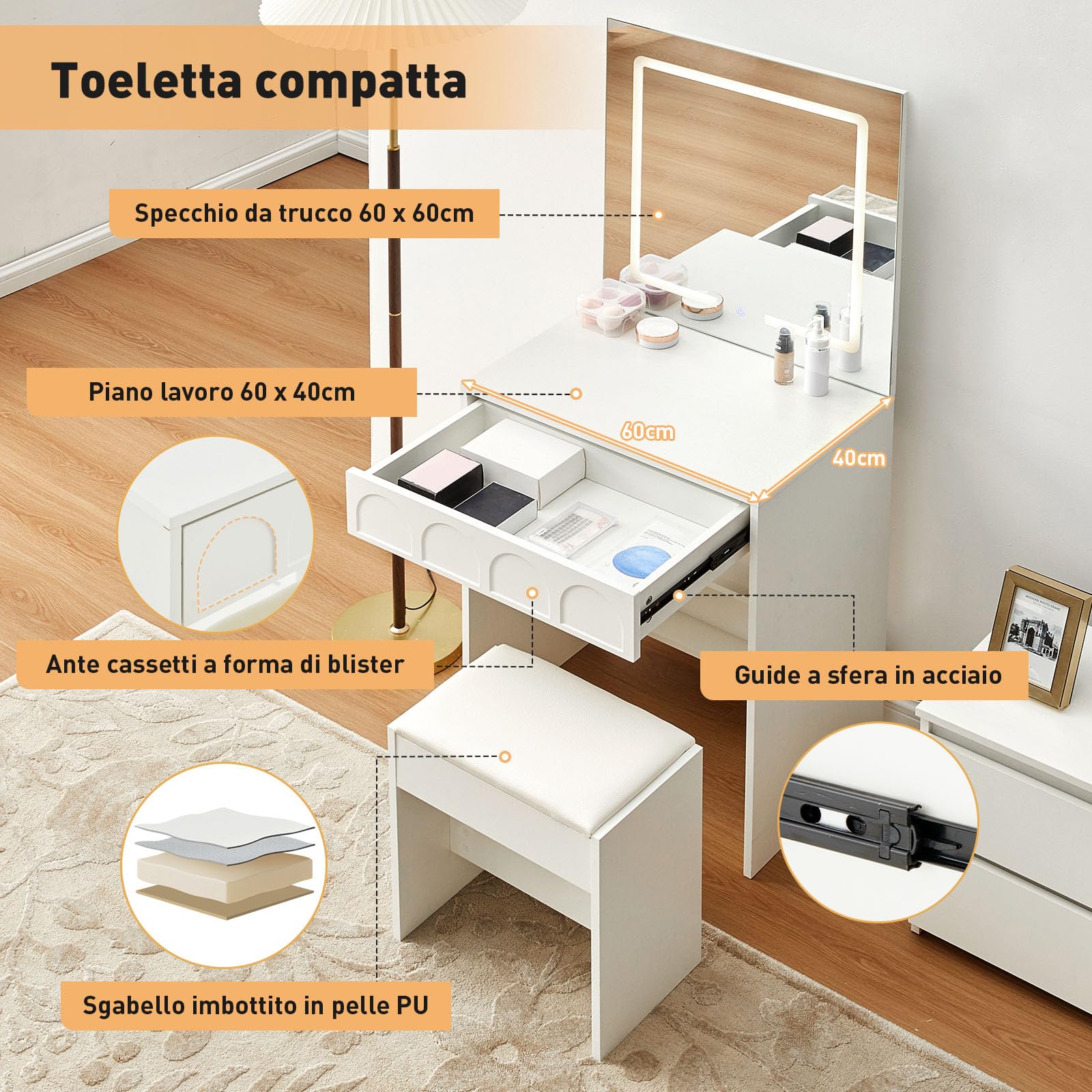 LEMROE Toeletta con Specchio LED Touch 3 Luci, Postazione Trucco con Cassetti e Panchetta, Design Compatto per Piccoli Spazi, Bianco (Bianco)
