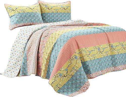 Miniatura 7 de Lush Decor Royal Empire - Juego de edredón reversible de algodón, juego de 3 piezas King, azul y coral, juego de ropa de cama a rayas, edredón