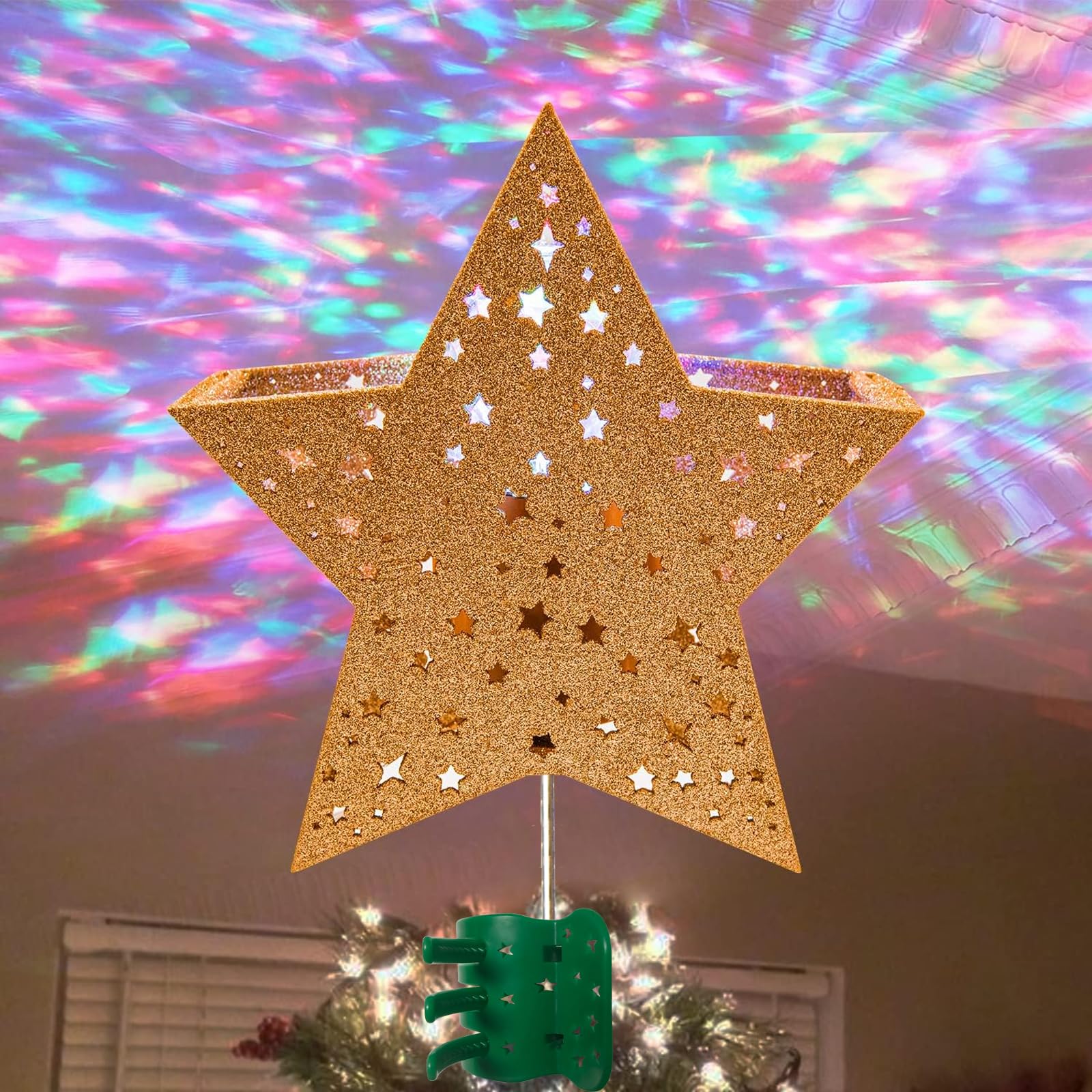 PEIDUO Christmas Star Tree Topper with RGB Projector, Lighted Xmas Tree