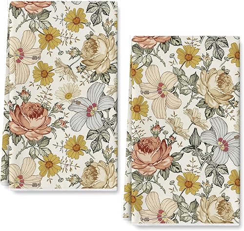 AnyDesign - Toalla de cocina floral vintage de 18 x 28 pulgadas, toalla de cocina retro con rosa y manzanilla ultra absorbente, toalla de té para