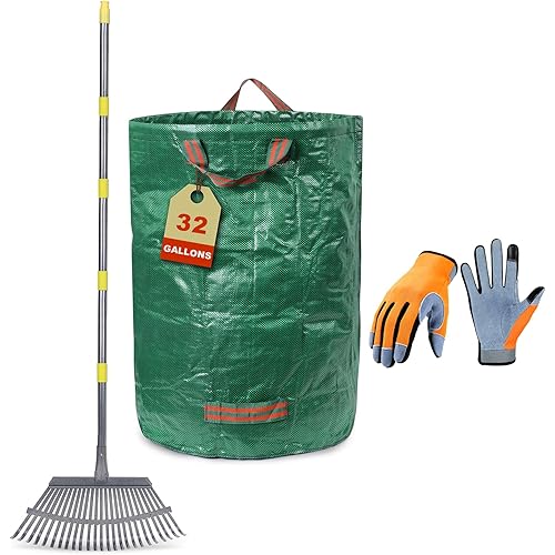 3-Piece Leaf Rake Kit – Adjustable Heavy-Duty Yard Rake with 25 Tines (36–73"), 32-Gal Tear-Resistant Bag & Leather Gloves – Fall Cleanup Set for Lawn, Shrubs & Gardens