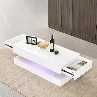 Qroxcey LED Coffee Table for Living Room Rectangle Centre Table with Storage 2 Drawers for Home Office Furniture White High Gloss Coffee Tables with 16 Colors LED Lights Morden