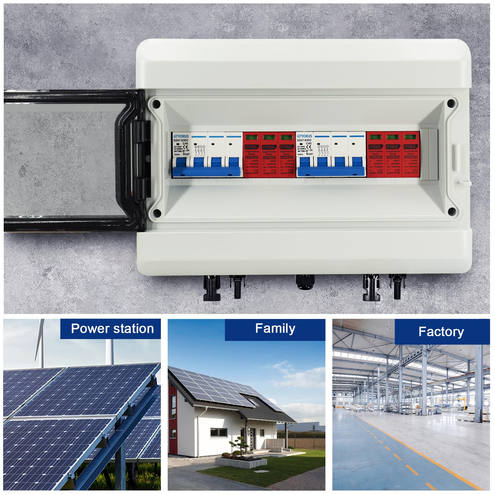 Caja de Conexiones Solar Fotovoltaica, IP65 Fotovoltaica DC Protección Contra Sobretensiones, Interruptor Automático Fotovoltaico 2 Cadena DC 1000V con Enchufe Solar(2 en 2 fuera, 40A)